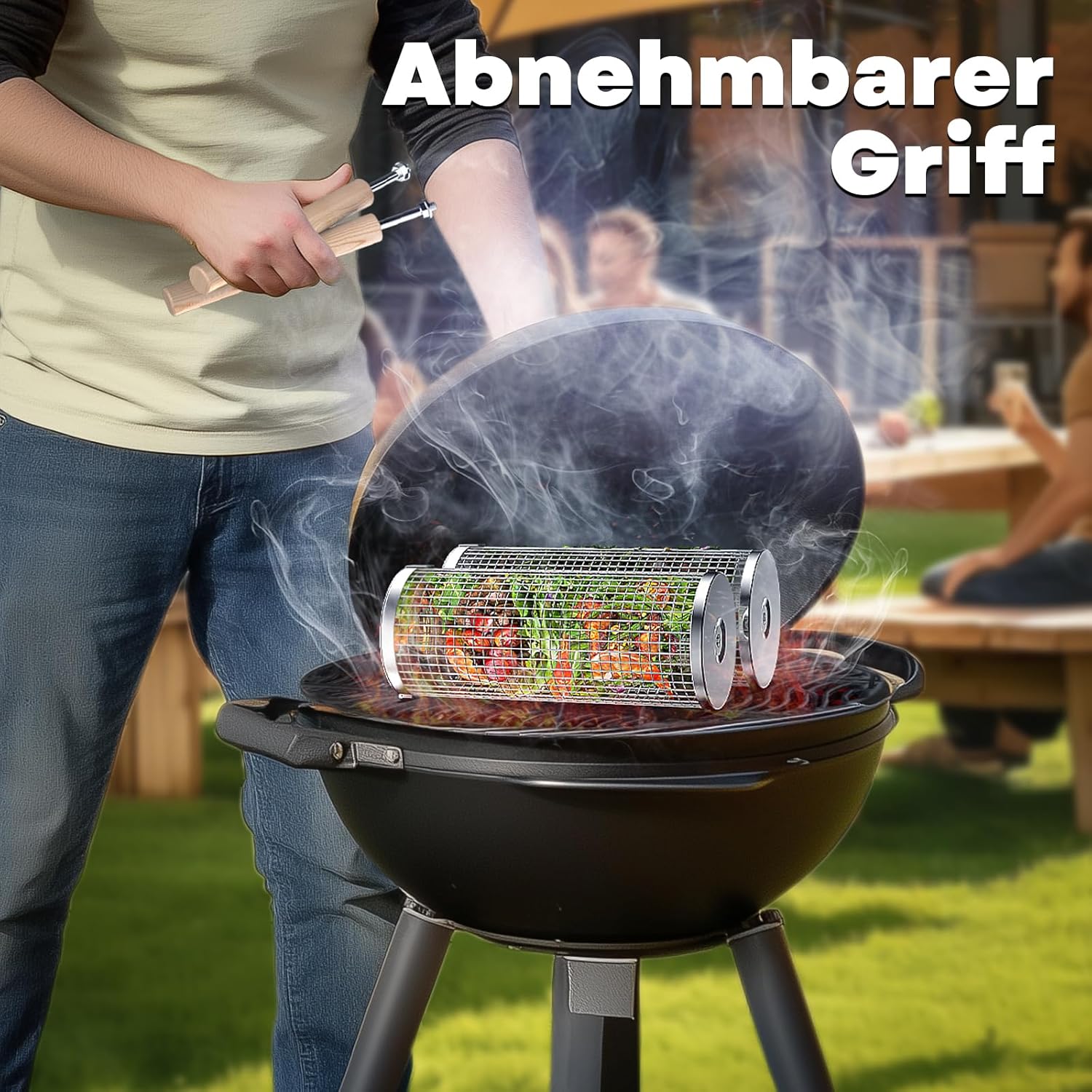 Nestbar Grillkorb Edelstahl 304 mit abnehmbarem Holzgriff fuer Gemuese - Gasgrill