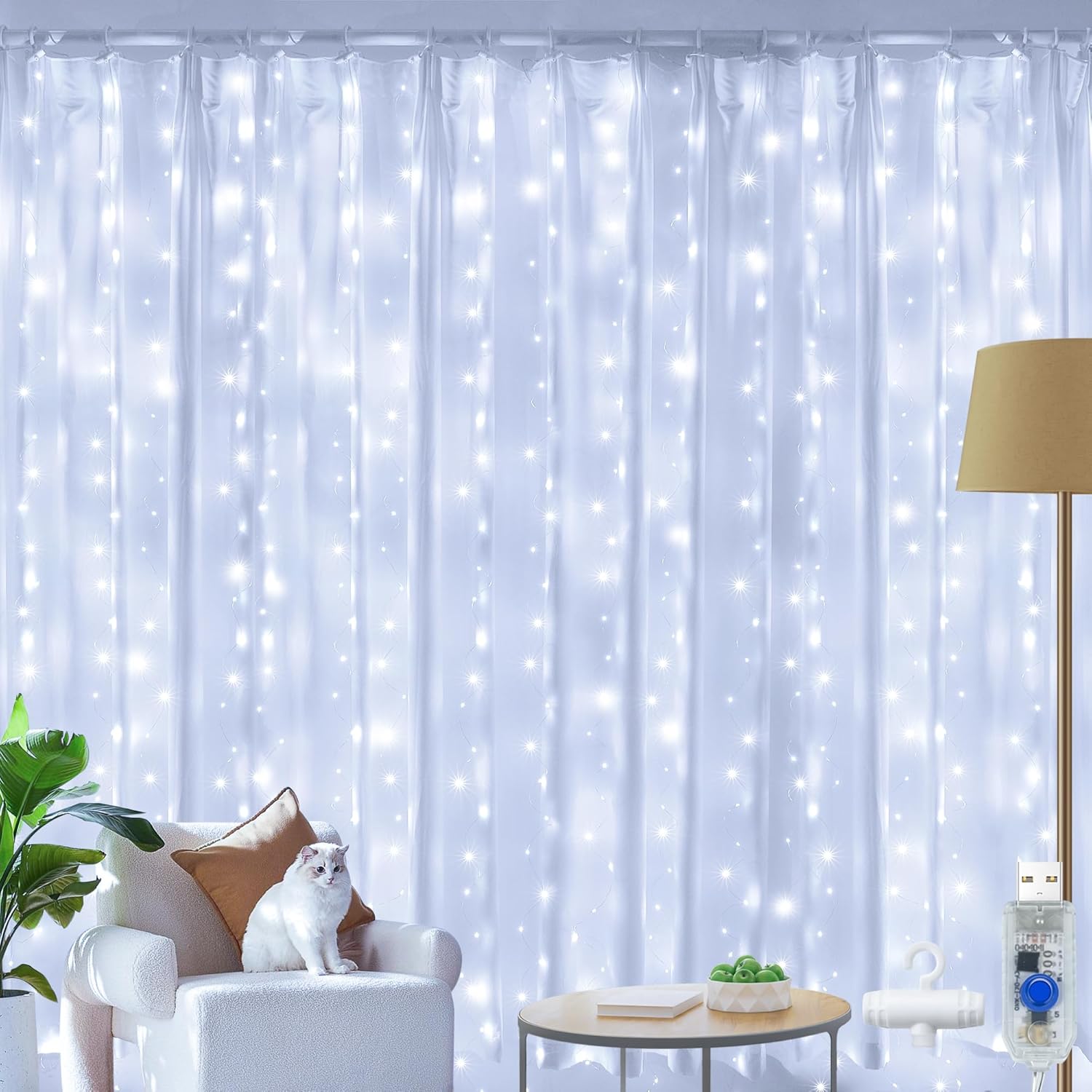 Ollny LED Lichtervorhang 2x2 m 200 LEDs warmweiss USB, Fenster Vorhang mit 10 Hak