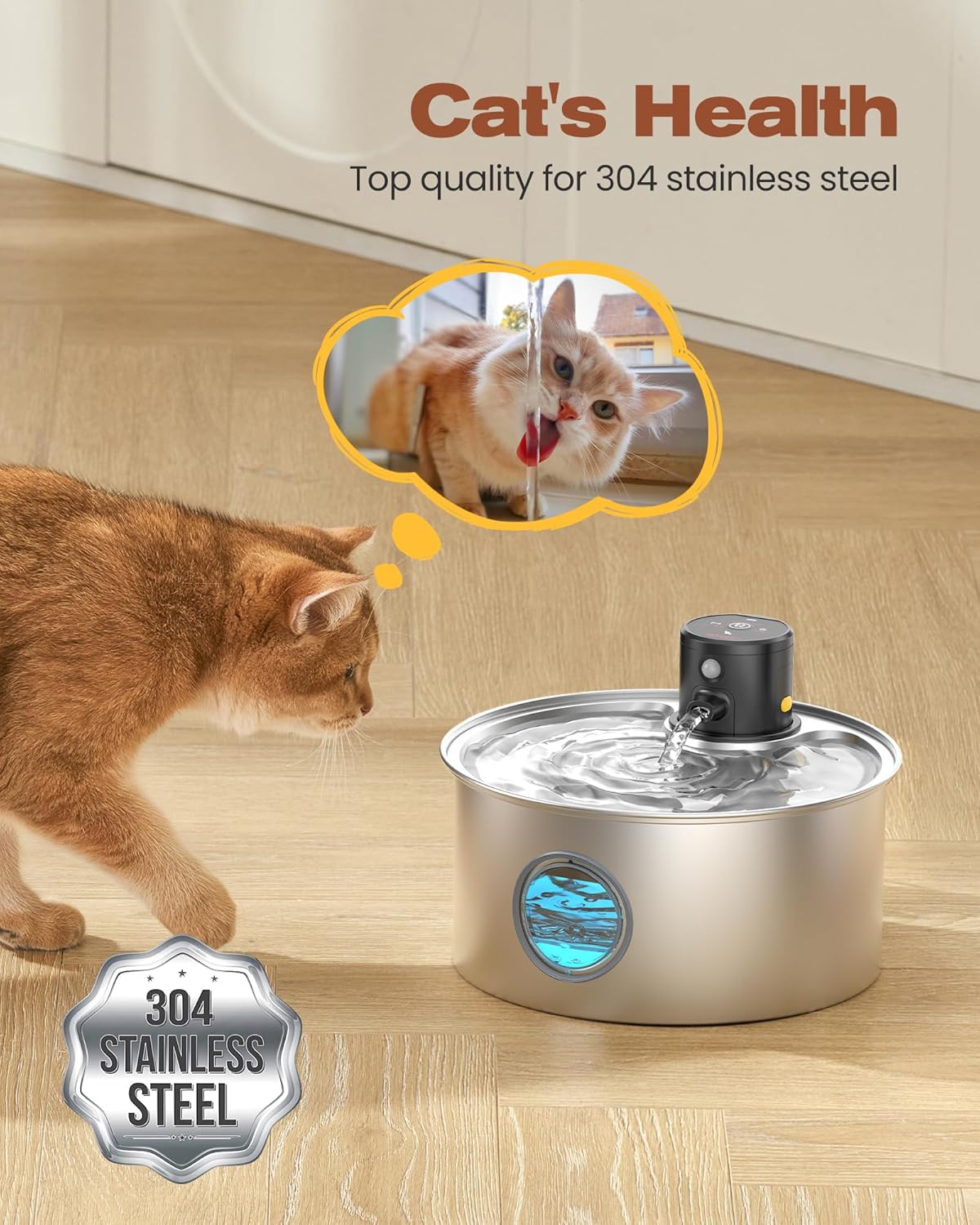 Katzentrinkbrunnen Edelstahl mit Sensor, kabellos, 9 Filter, fuer Katze Hun