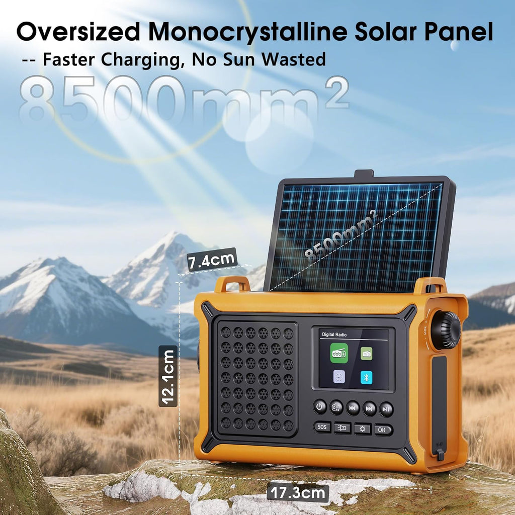 Tragbares Kurbelradio DAB+ UKW mit Solar, 12000mAh Powerbank, Bluetooth, SOS, LE