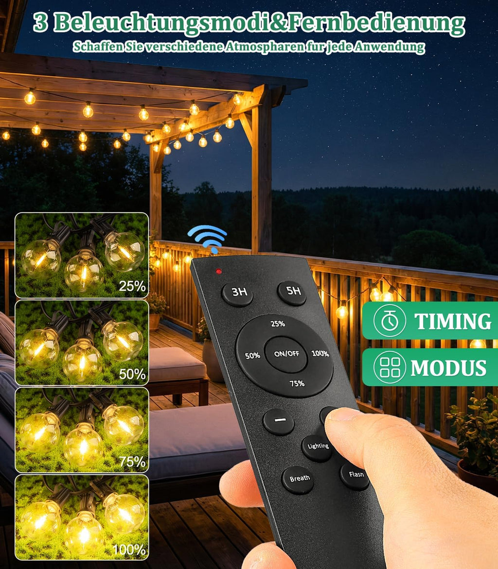 Solar Lichterkette 15m G40 Gluehbirnen 50 LED IP44 wetterfest 3 Modi 15m-30m