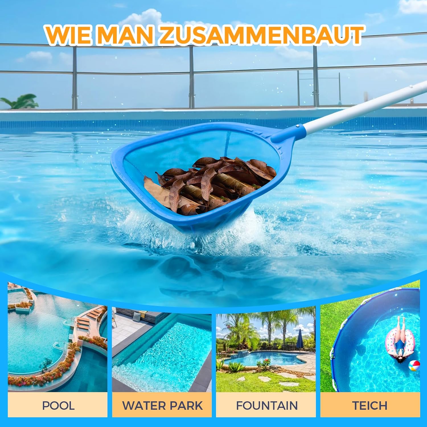 Pool Kescher Set mit 1,14 m Teleskopstange, Feinnetz Skimmer fuer Pool Teich