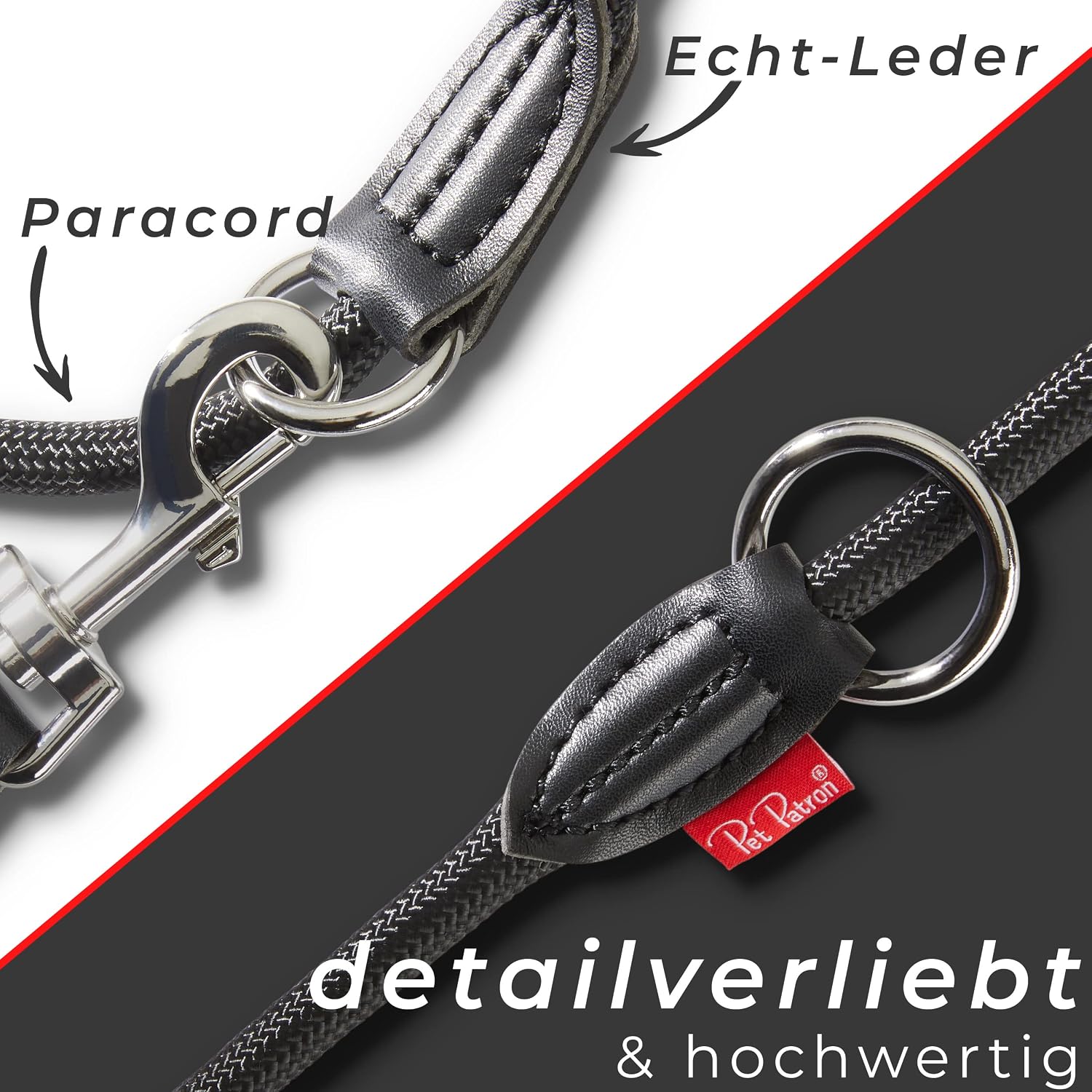 PetPatron verstellbare Hundeleine Nylon 1,5-3 m mit Lederdetails Schwarz
