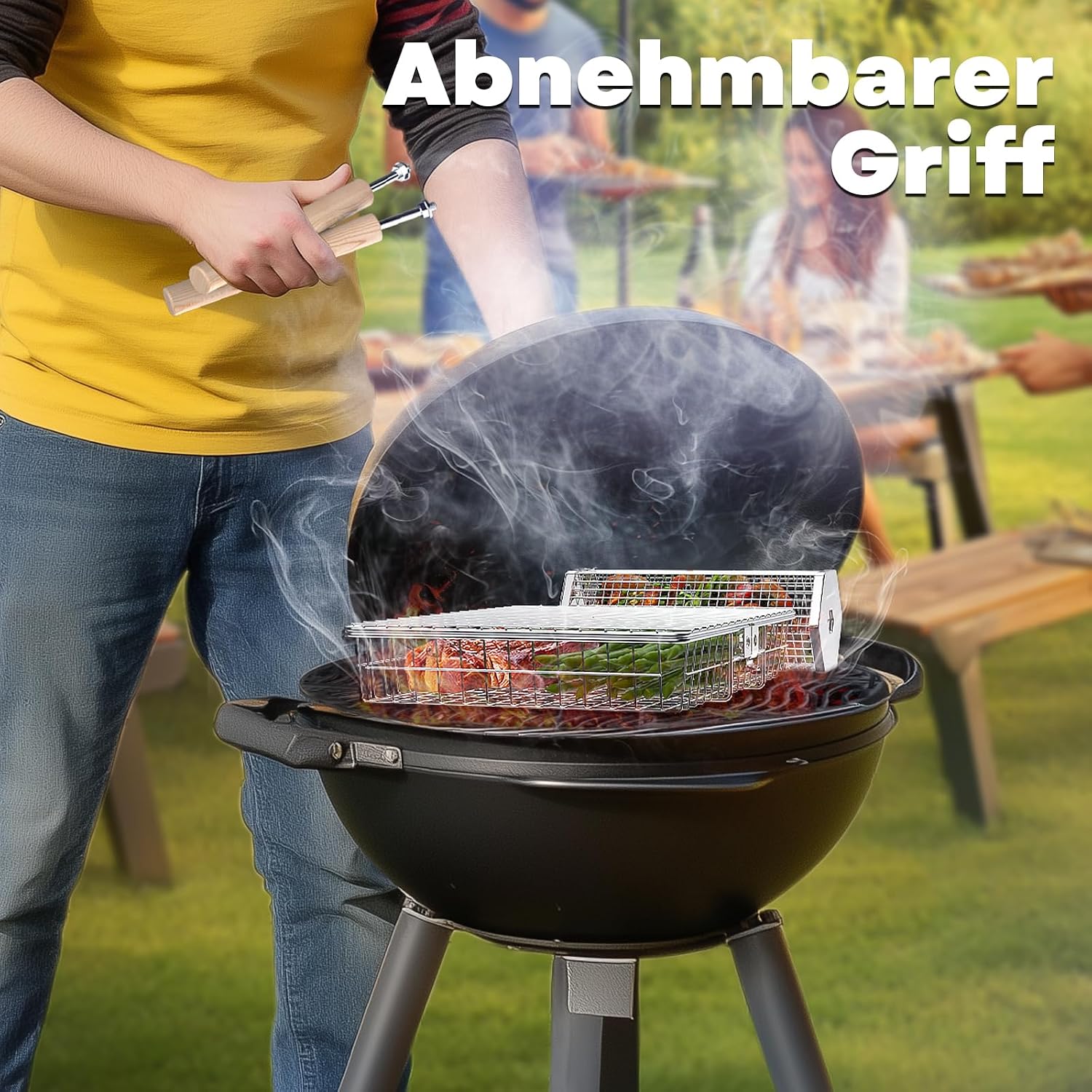 Nestbar Grillkorb Edelstahl 304 mit abnehmbarem Holzgriff fuer Gemuese - Gasgrill