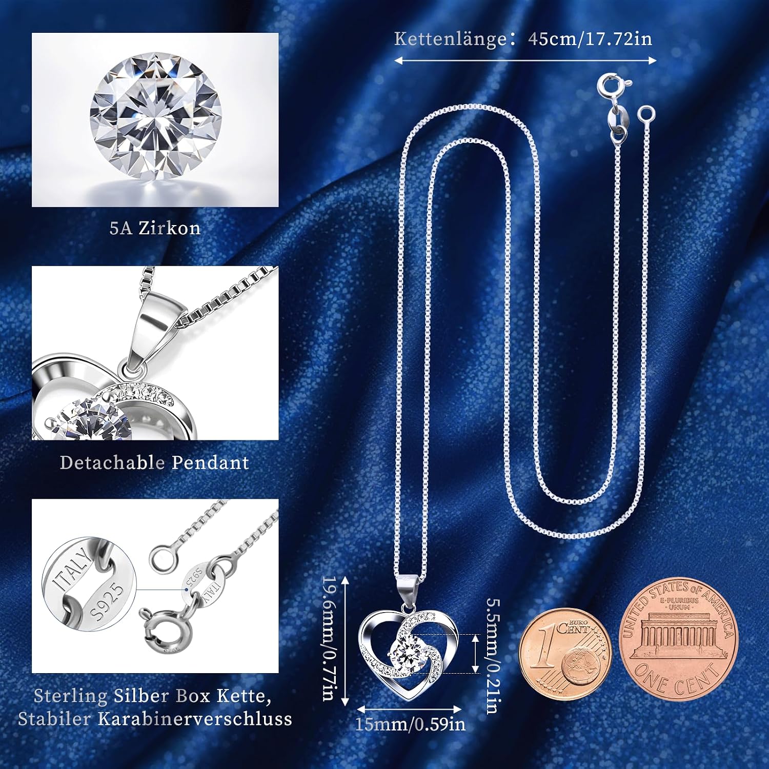 Halskette Damen Silber 925 Herzanhaenger 45 cm Schmuck Geschenk fuer Frauen