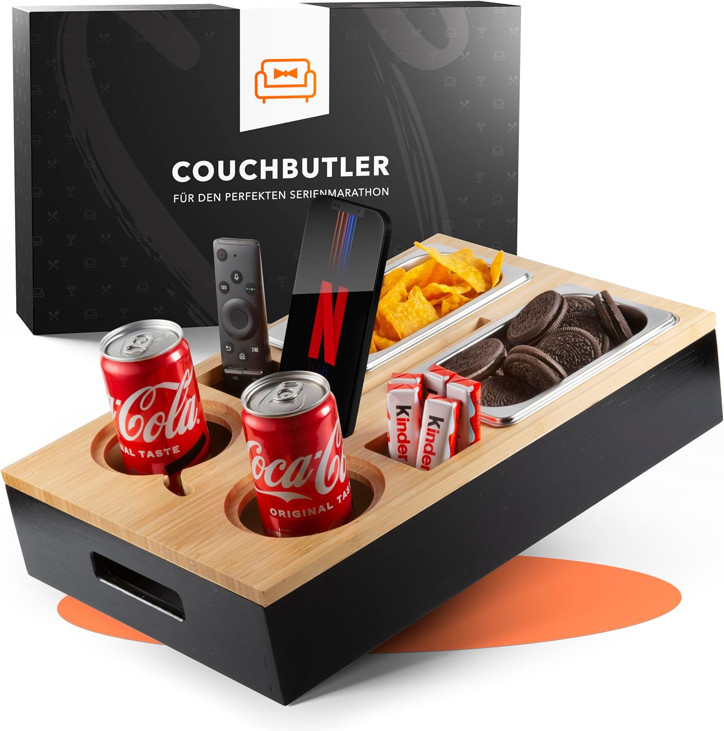 Couchbar Bambus Snackbox mit 2 Schalen, 2 Getraenkehaltern, Handyhalter Schwarz
