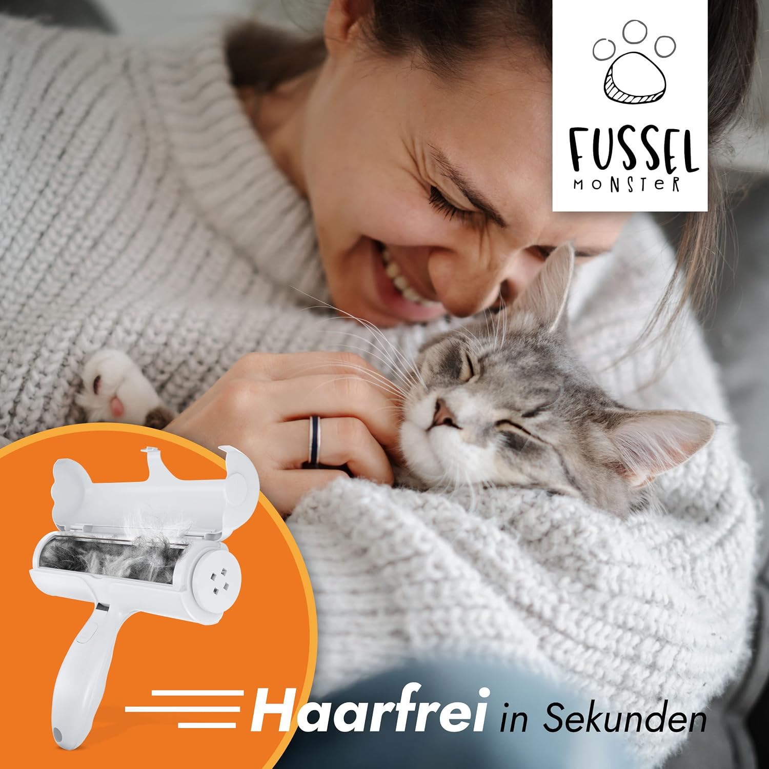 FusselMonster Tierhaarentferner mit Sammelkammer fuer Sofa, Teppich, Bett und Auto
