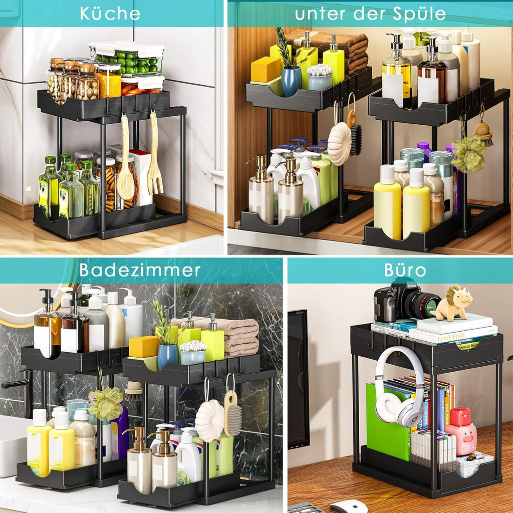 Unter-Waschbecken Organizer 2er Set Regal mit Haken fuer Kueche Bad