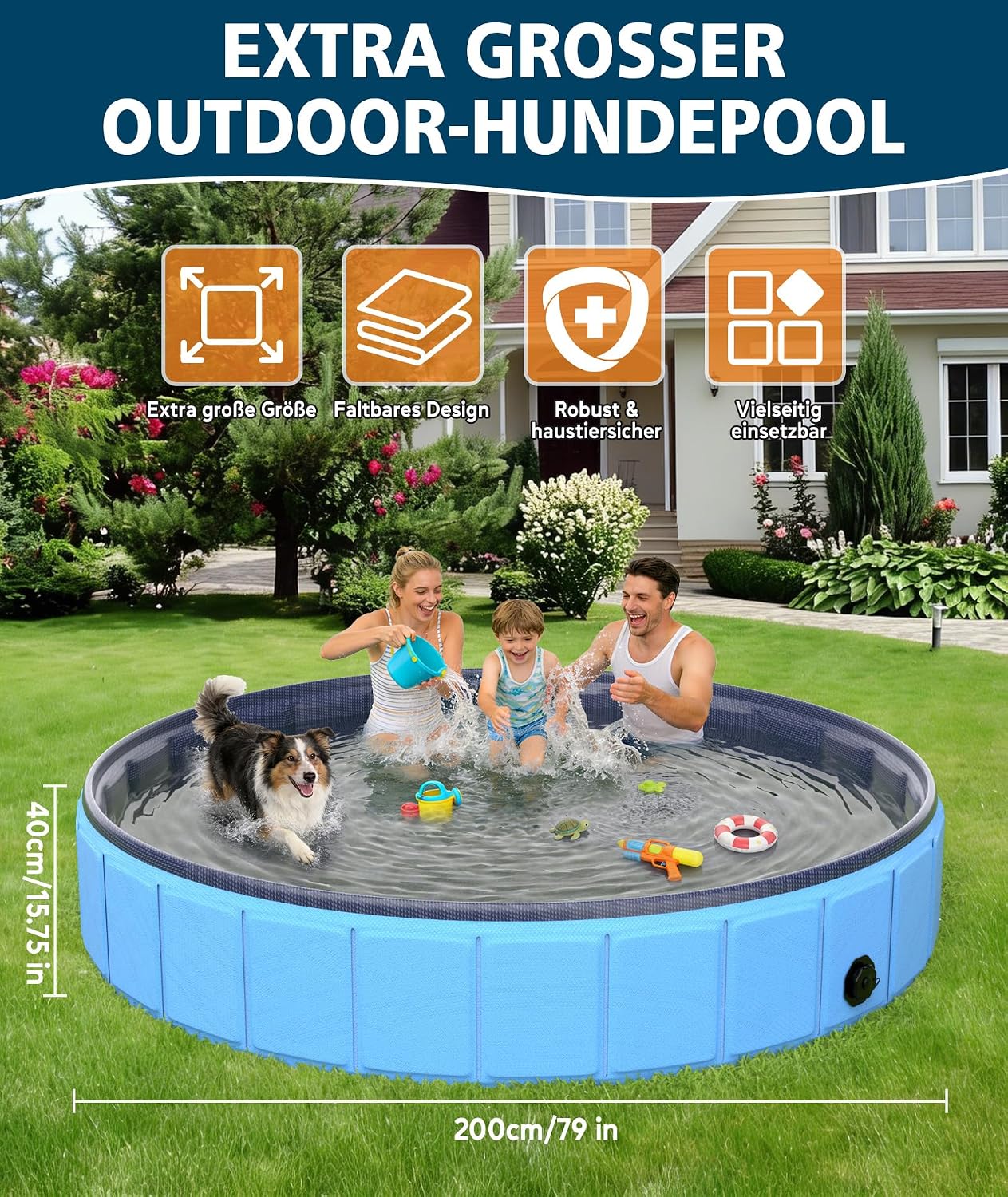 EPN Hundepool faltbar 200x40 cm PVC extra gross rutschfester Boden 140cm-200cm