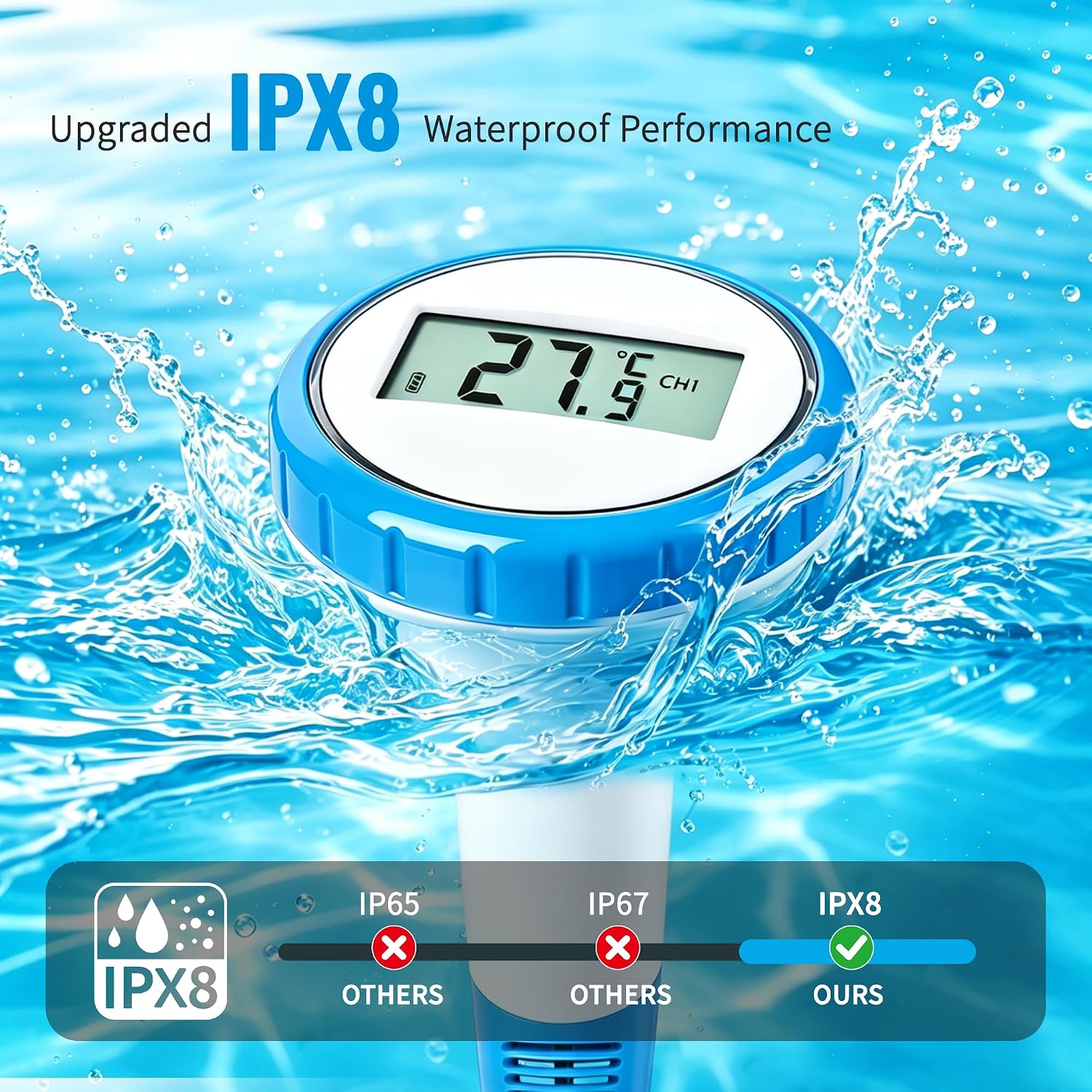 Funk Poolthermometer schwimmend IPX8 wasserdicht 3-Kanal Temperaturanzeige fuer P