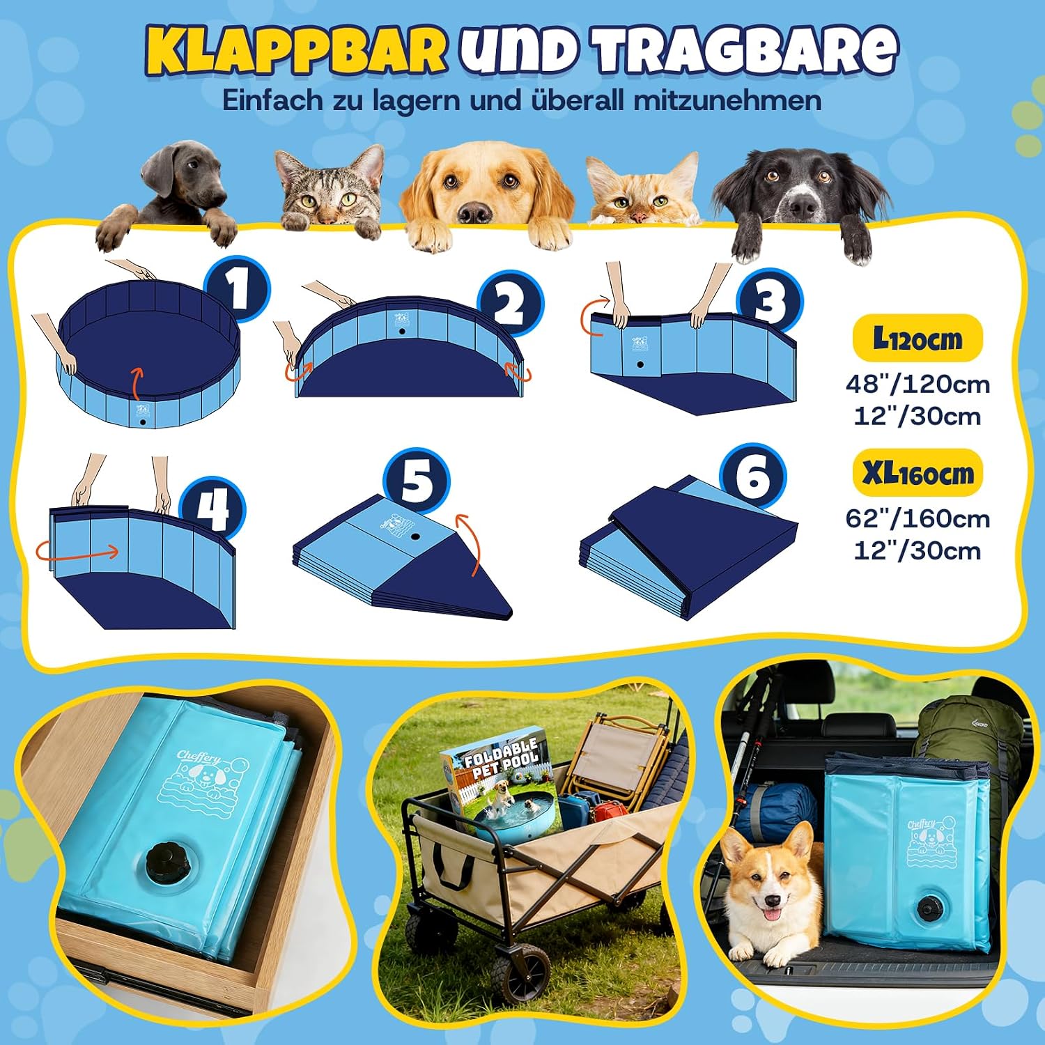 JONRRYIN Hundepool 160x30 cm faltbar rutschfest mit Buerste Flicken Ablassventil