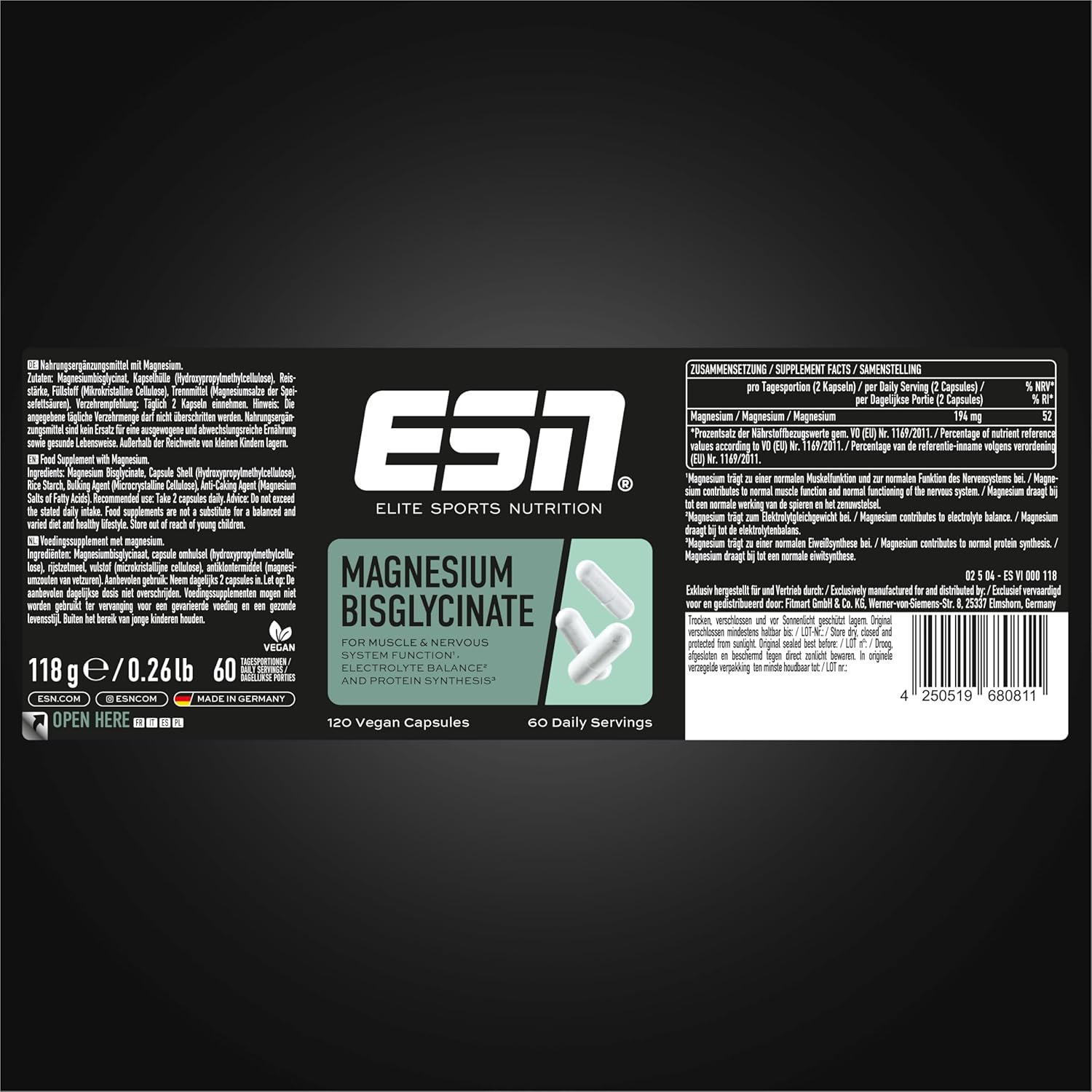 ESN Magnesium Caps 120 Kapseln 194 mg pro Tag Magnesiumbisglycinat Made in Germa
