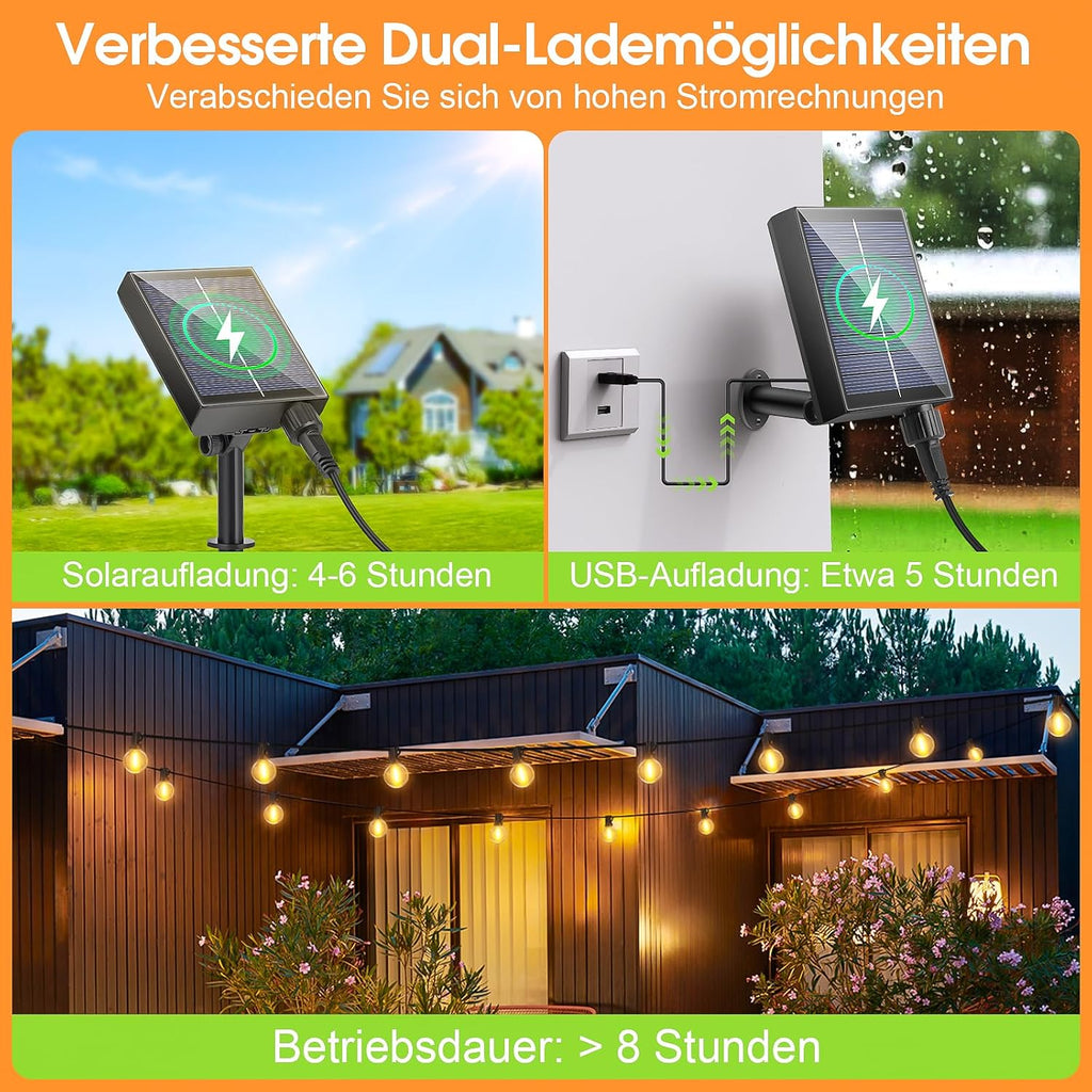 Solar Lichterkette aussen 15m G40 LED 21 Birnen dimmbar 8 Modi mit Fernbedienung