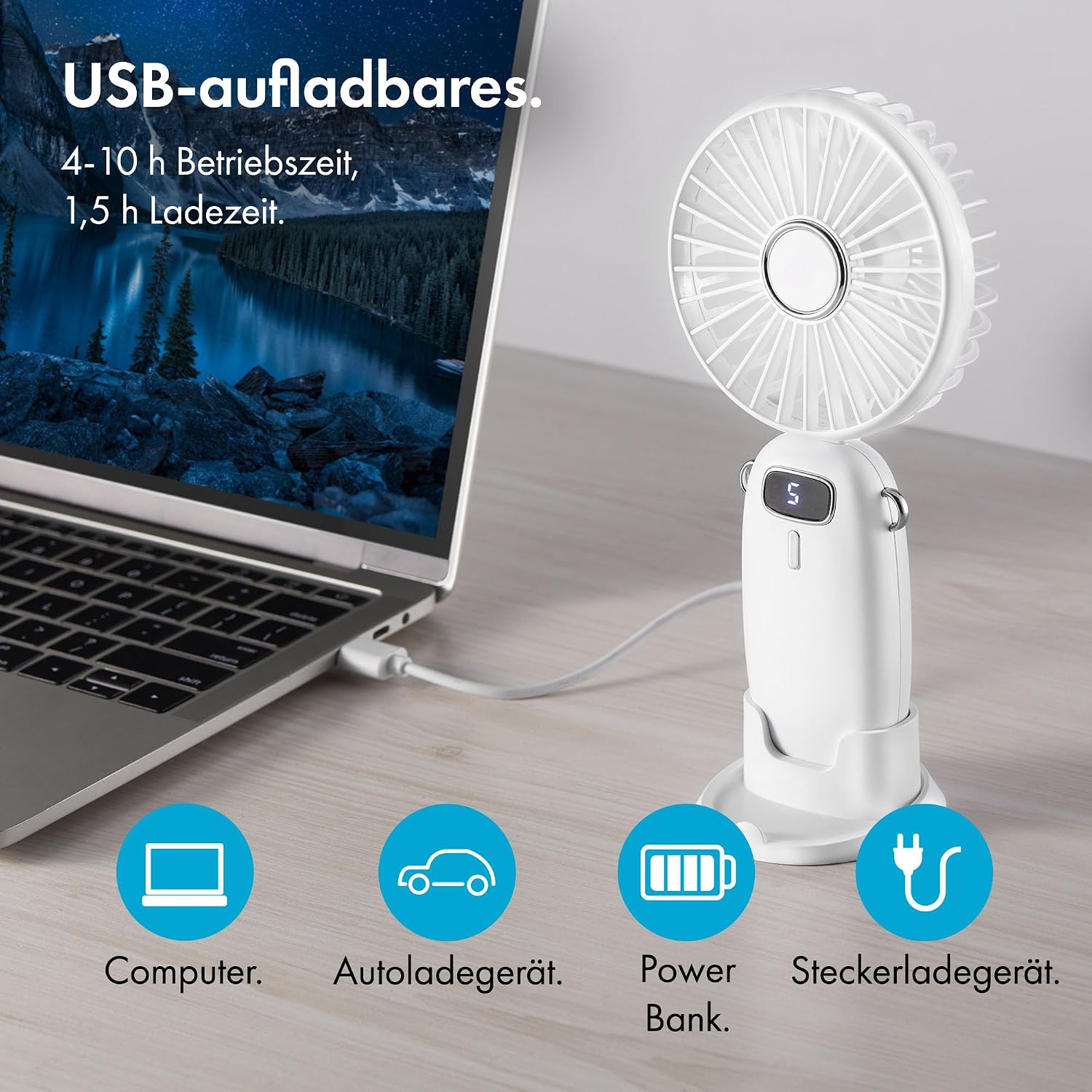 VonHaus Mini USB Ventilator 5 Stufen 90° faltbar mit 60 cm Band Weiss