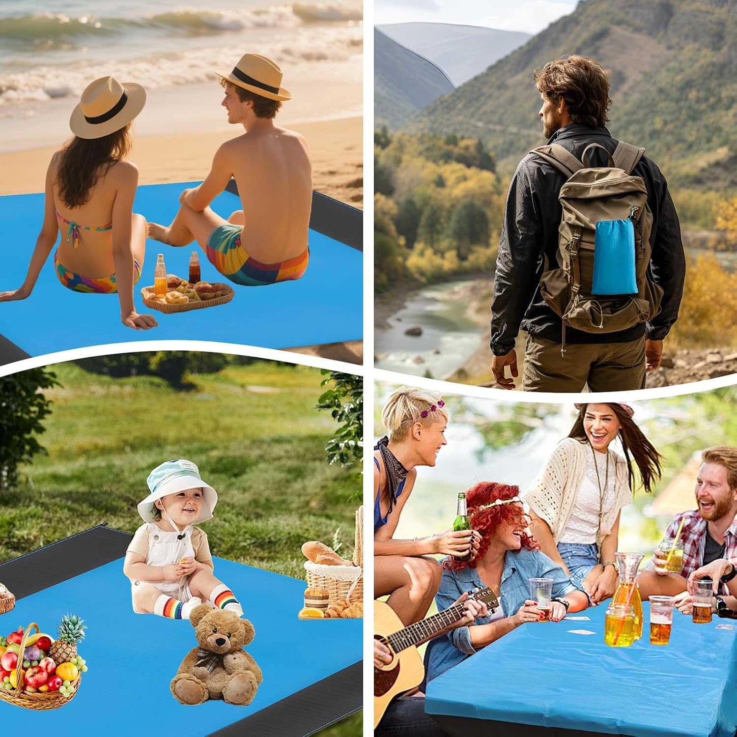 Stranddecke sandfrei 210×200 cm wasserdicht mit 4 Erdheringen hellblau