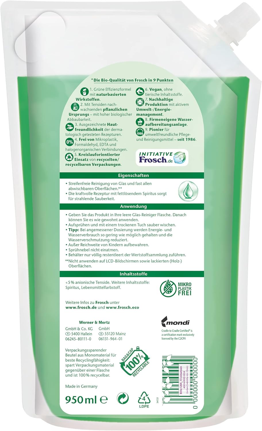 Frosch Spiritus Glasreiniger Nachfuellbeutel 950 ml Fensterreiniger