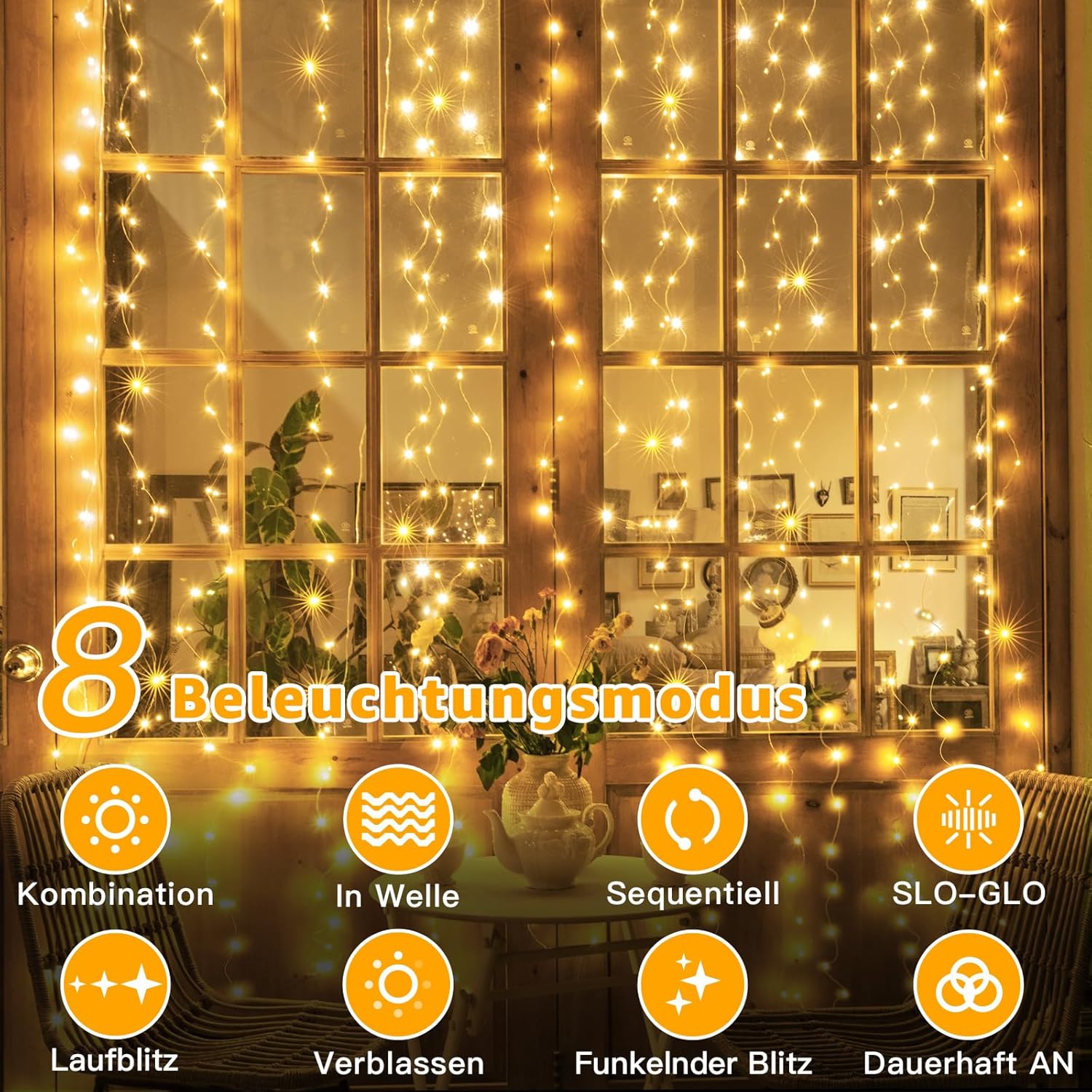 Ollny LED Lichtervorhang 2x2 m 200 LEDs warmweiss USB, Fenster Vorhang mit 10 Hak