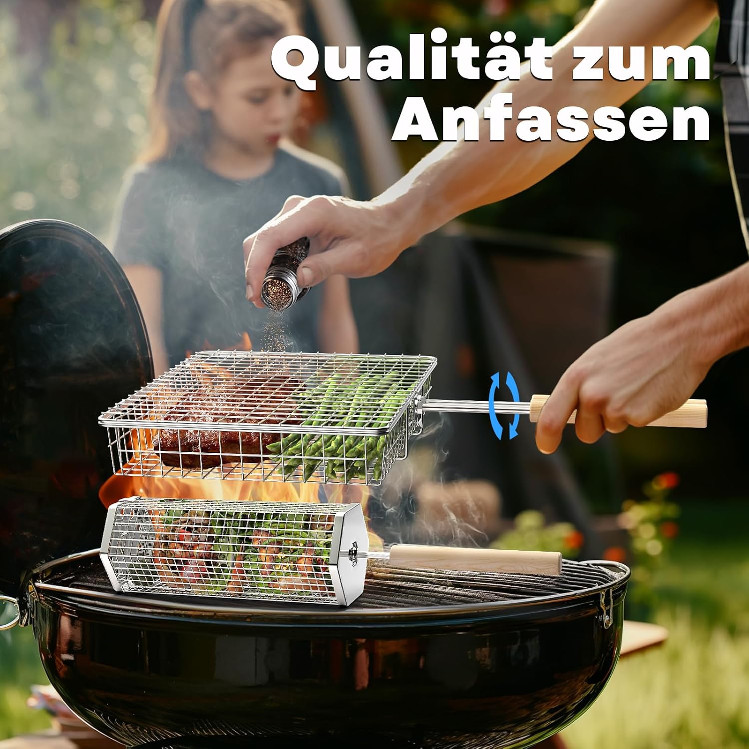 Nestbar Grillkorb Edelstahl 304 mit abnehmbarem Holzgriff fuer Gemuese - Gasgrill