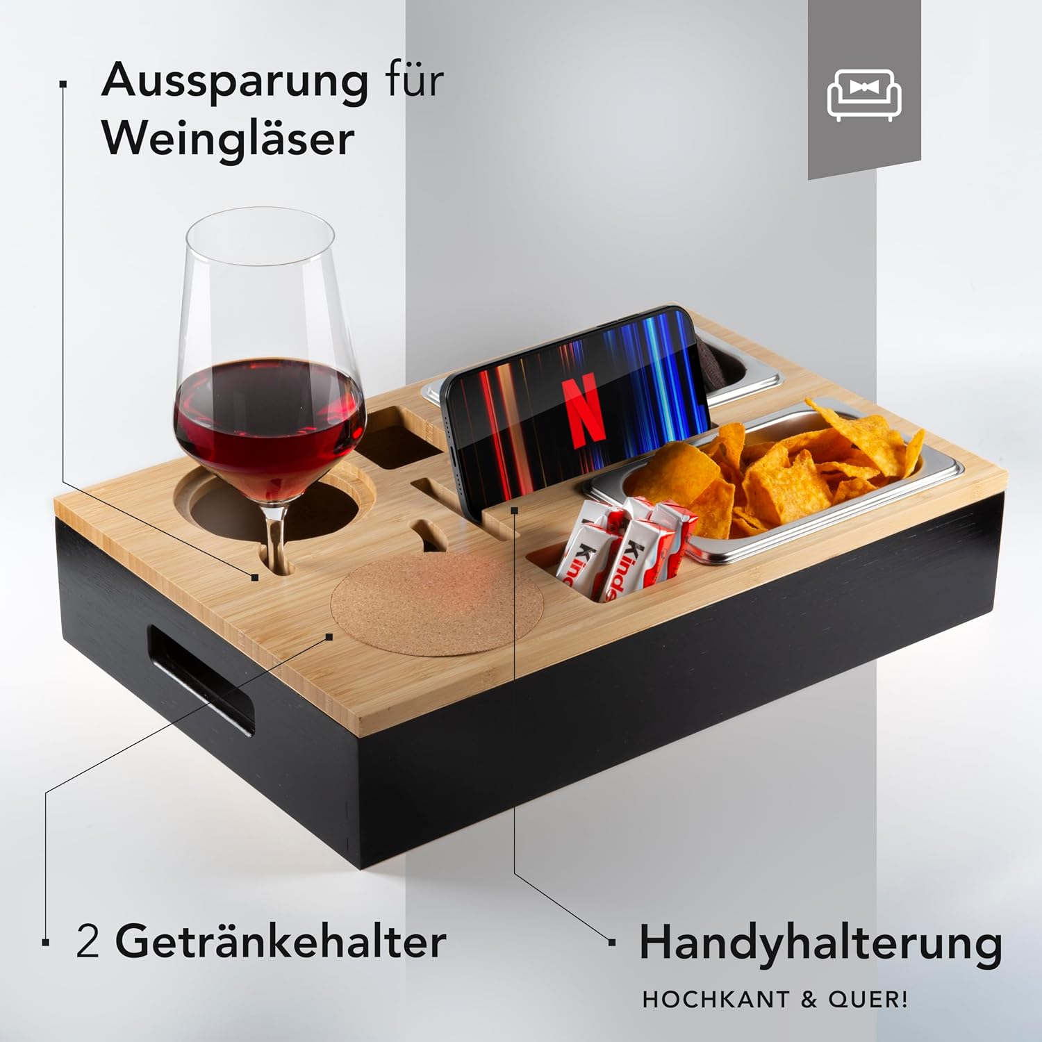 Couchbar Bambus Snackbox mit 2 Schalen, 2 Getraenkehaltern, Handyhalter Schwarz