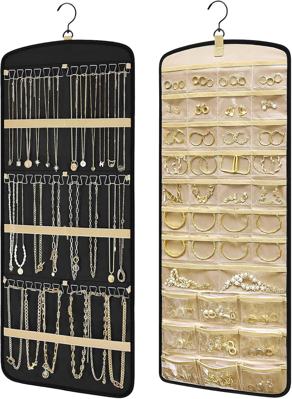 Schmuck-Organizer zum Aufhaengen mit Haken und Taschen, doppelseitig
