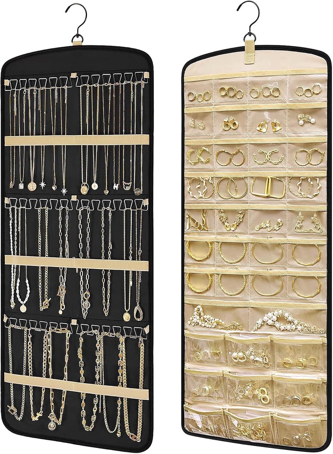 Schmuck-Organizer zum Aufhaengen mit Haken und Taschen, doppelseitig