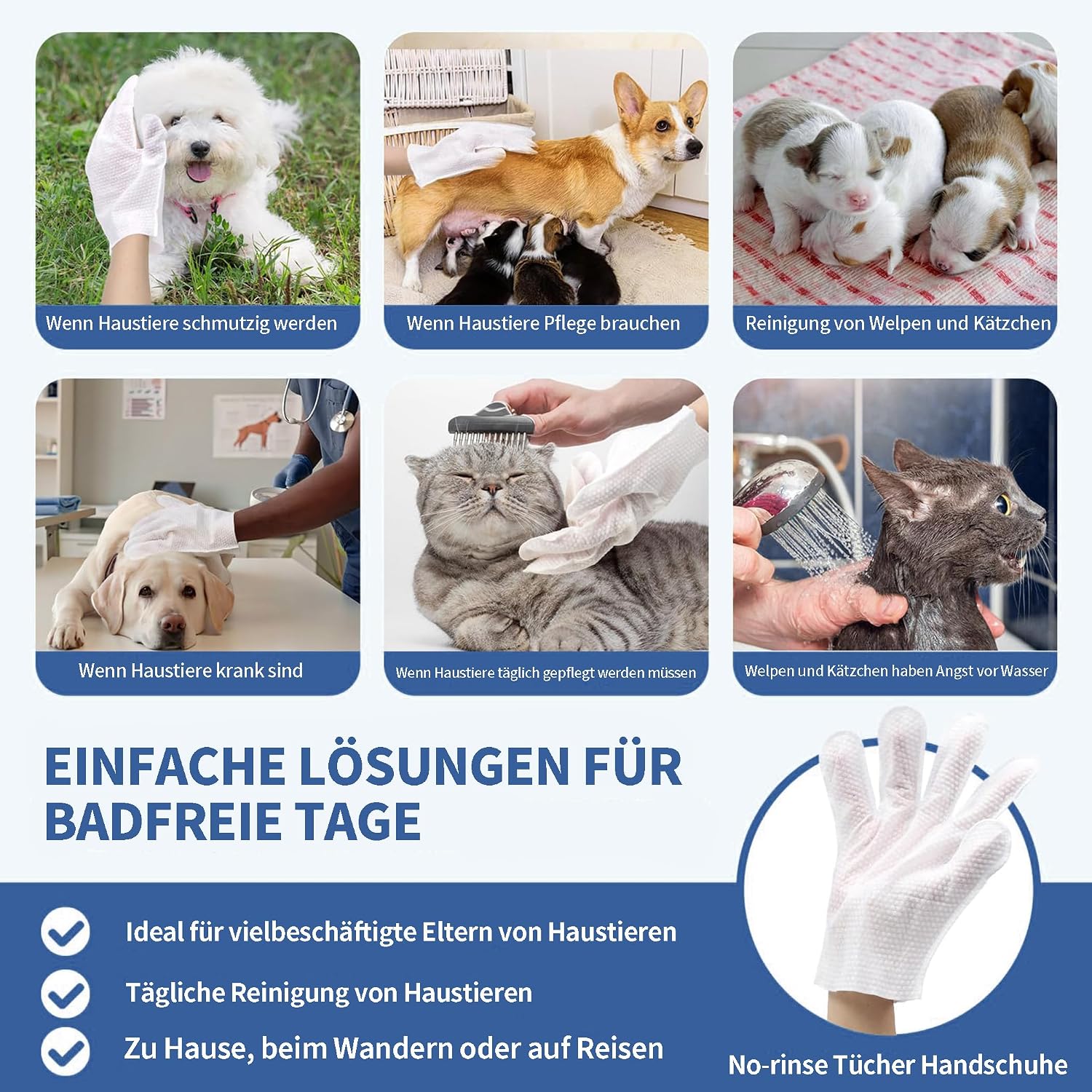 Pflegetuecher fuer Hunde und Katzen 10er Pack hypoallergen ohne Duft Einweg 3 Pack