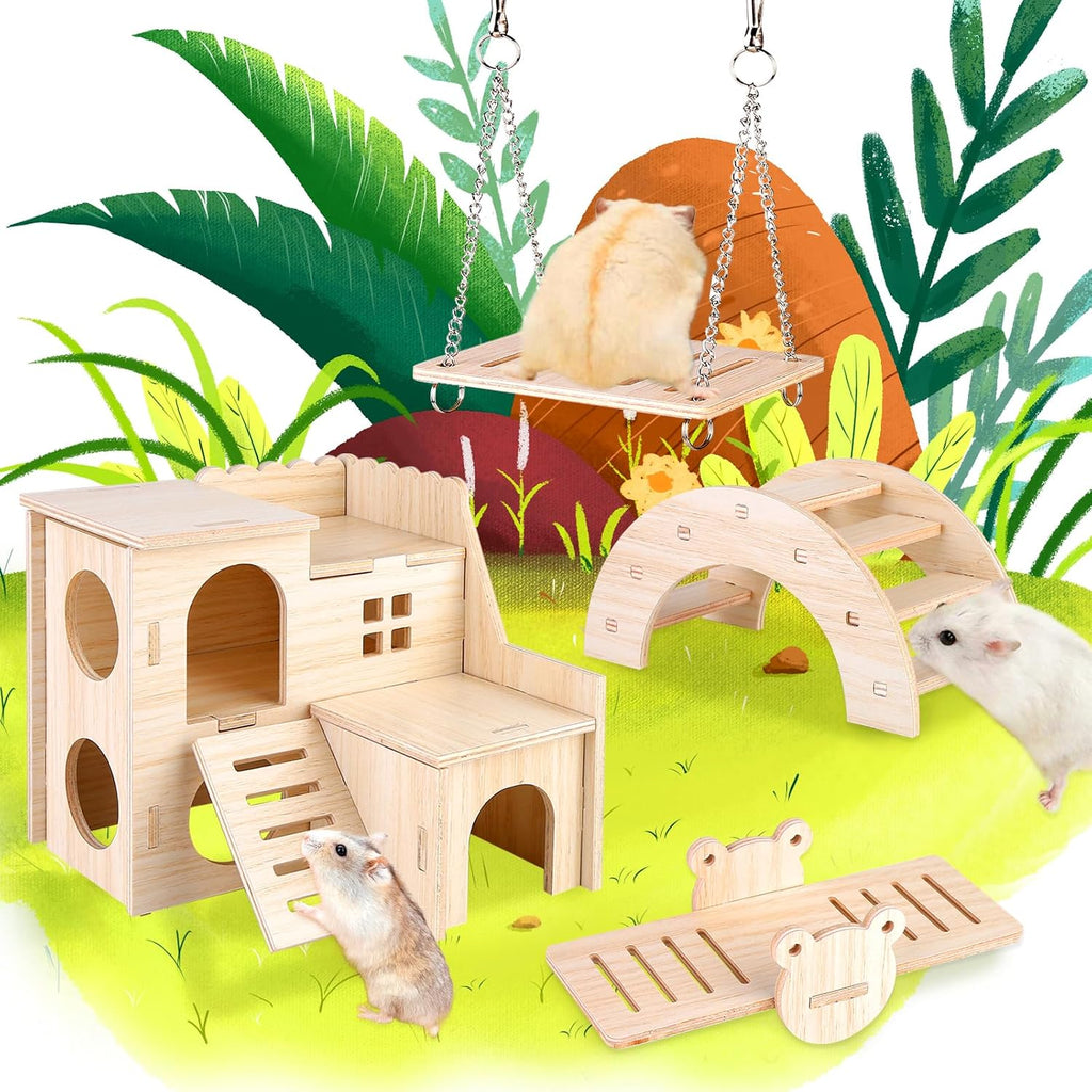 6x Hamster Holzspielzeug Set Haus Brücke Wippe Käfigzubehör