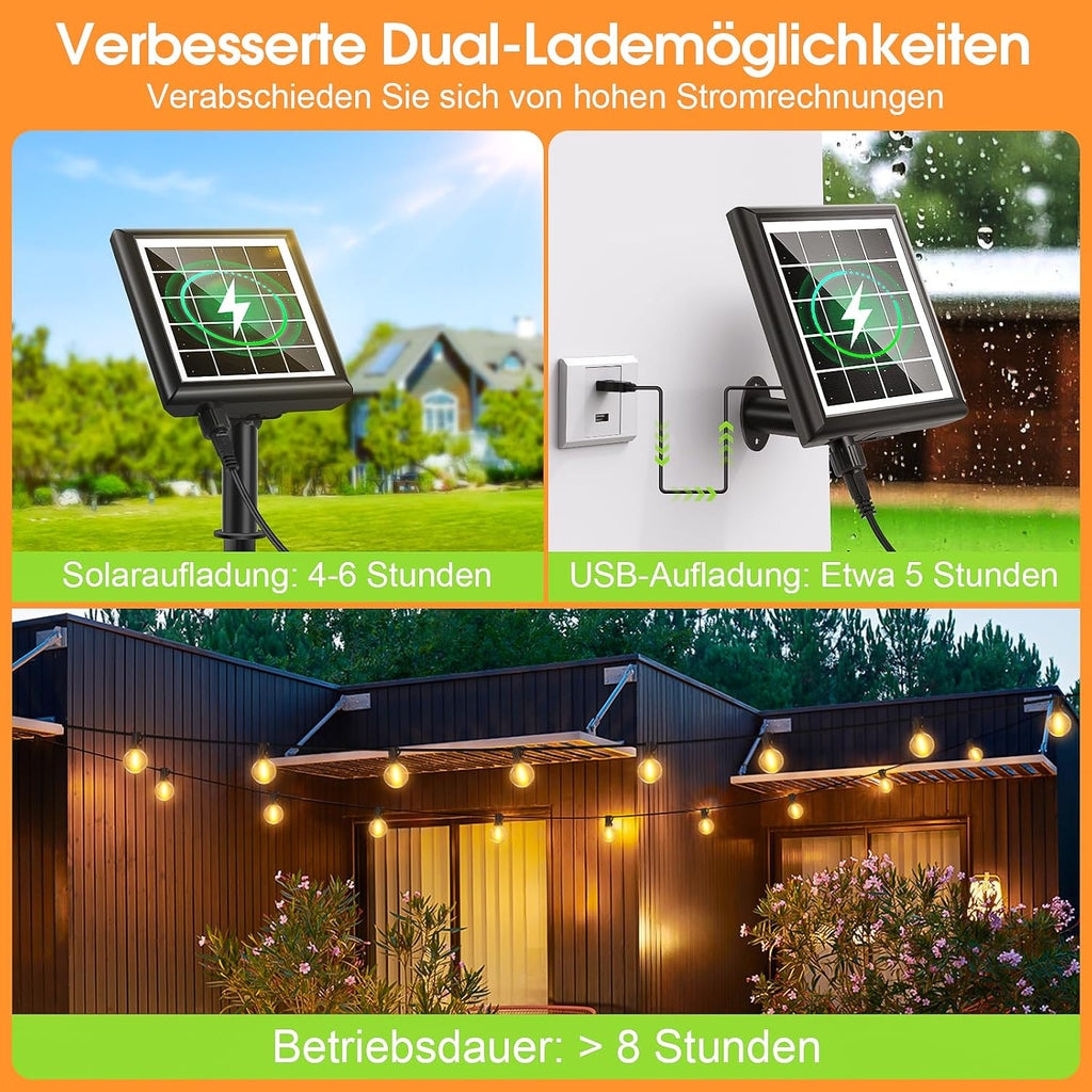Solar Lichterkette aussen 15m G40 LED 21 Birnen dimmbar 8 Modi mit Fernbedienung