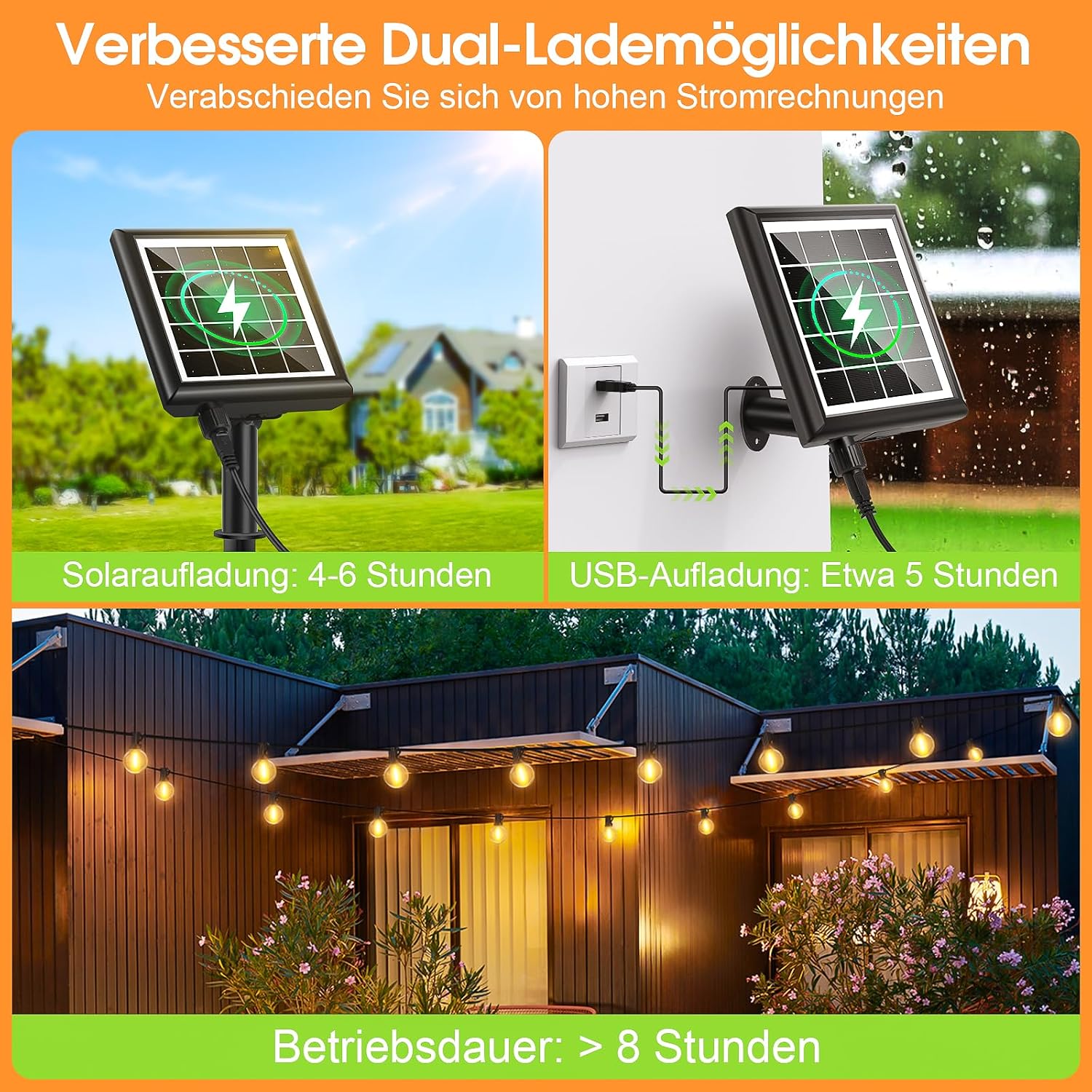 Solar Lichterkette aussen 15m G40 LED 21 Birnen dimmbar 8 Modi mit Fernbedienung