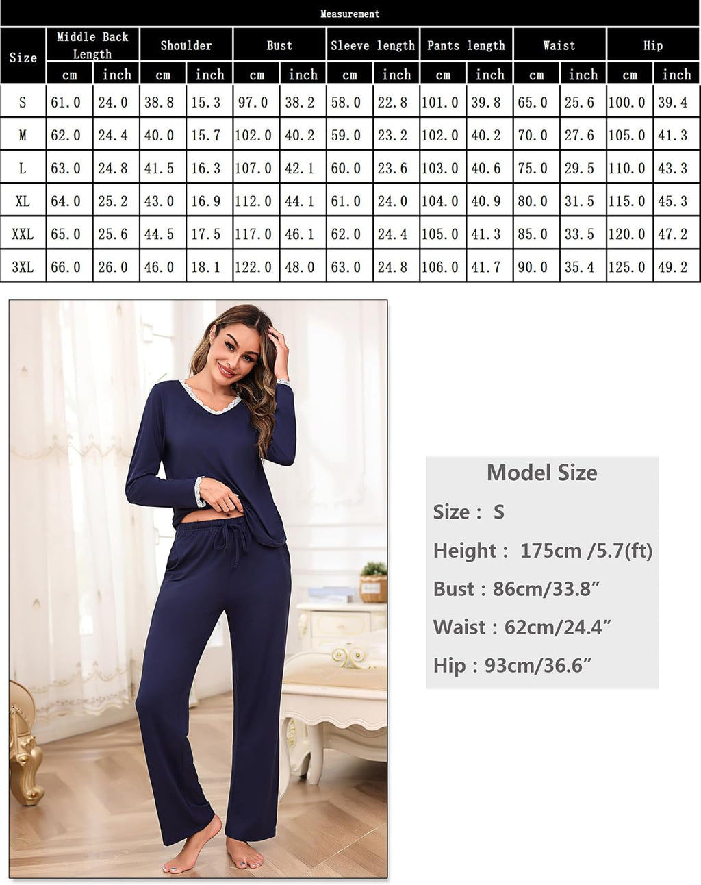 Litherday Damen Schlafanzug lang Baumwolle Winter Pyjama Set mit Tasche S-XXL