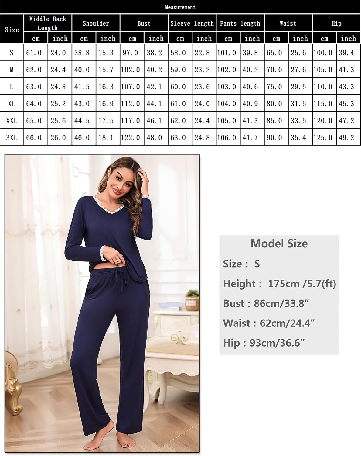 Litherday Damen Schlafanzug lang Baumwolle Winter Pyjama Set mit Tasche S-XXL