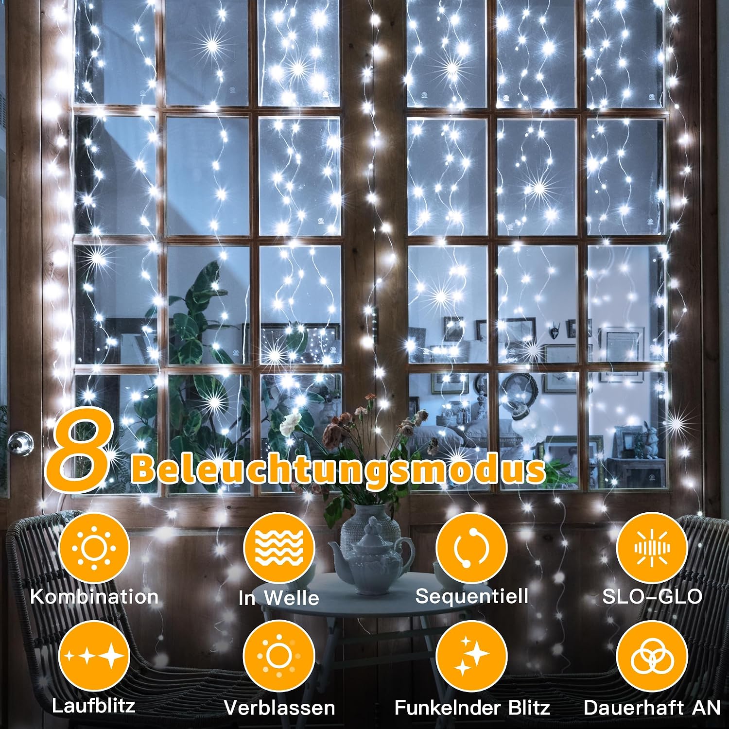 Ollny LED Lichtervorhang 2x2 m 200 LEDs warmweiss USB, Fenster Vorhang mit 10 Hak