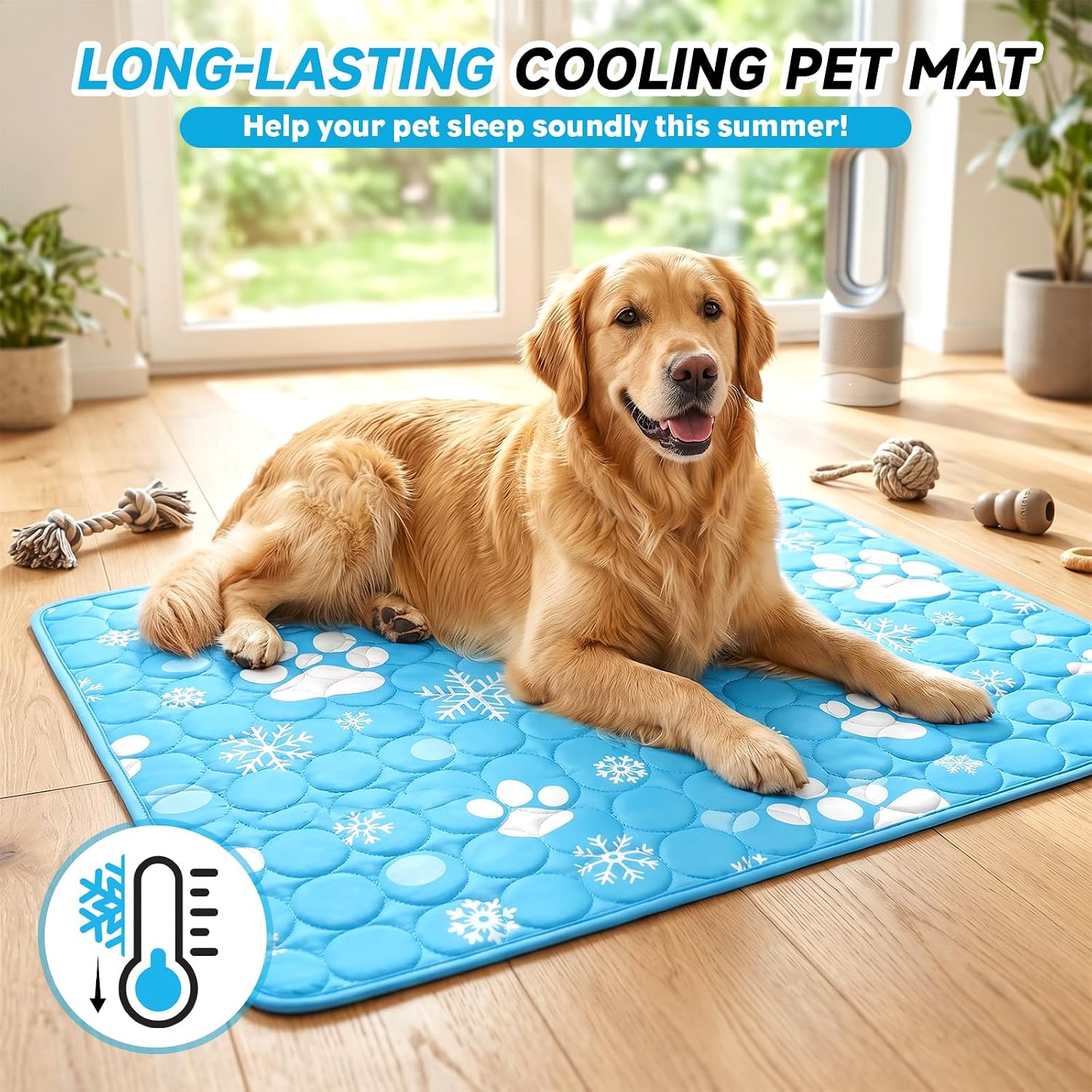 Kühlmatte Hund 100x70 cm Blau mit Schneeflocken und Pfotenmuster