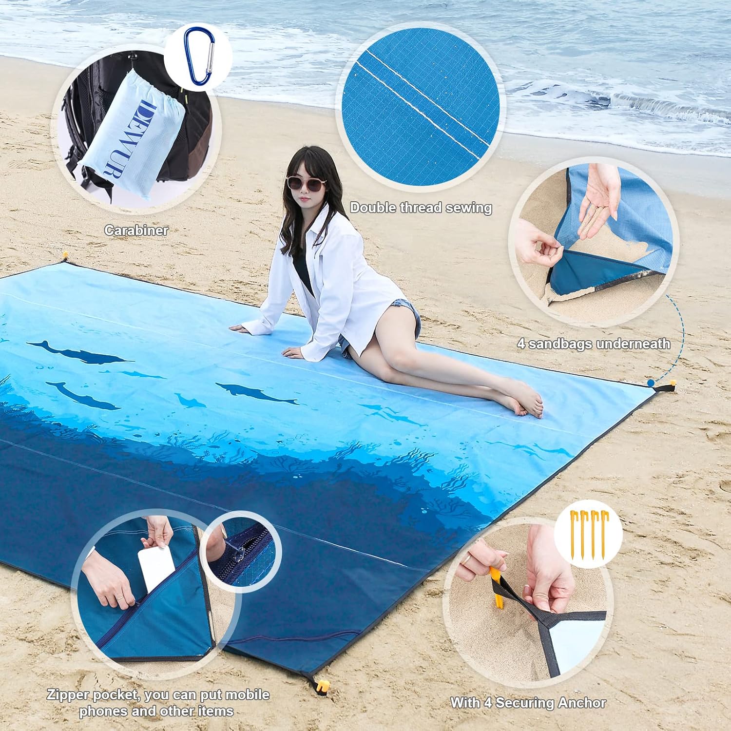DEWUR Stranddecke sandfrei XXL 210x200 cm wasserdicht Picknickdecke Sea Fish