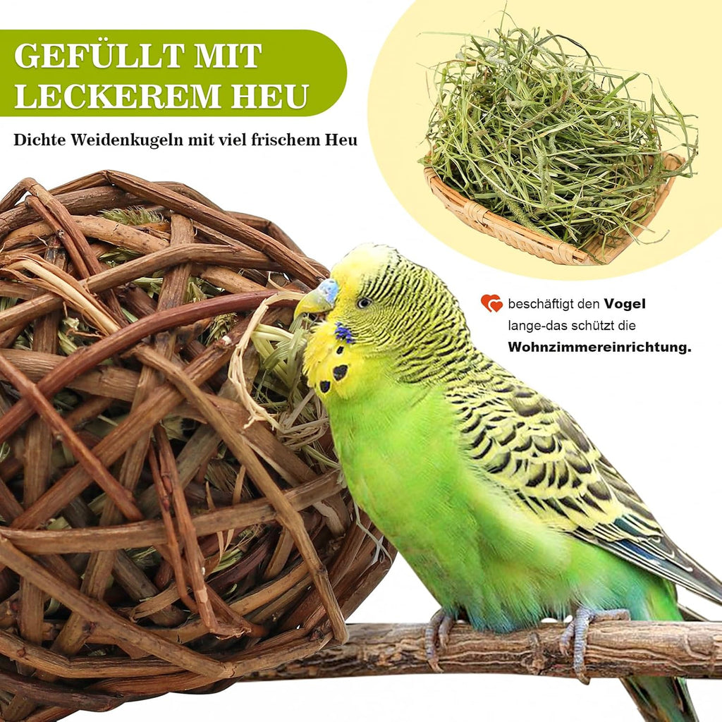 3x Weidenbälle Vogelspielzeug 10cm mit Heu Papagei Wellensittich Kauspiel
