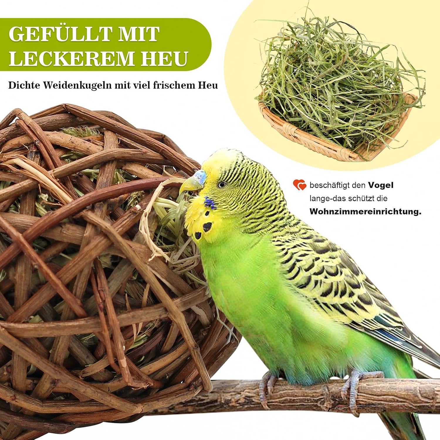 3x Weidenbälle Vogelspielzeug 10cm mit Heu Papagei Wellensittich Kauspiel