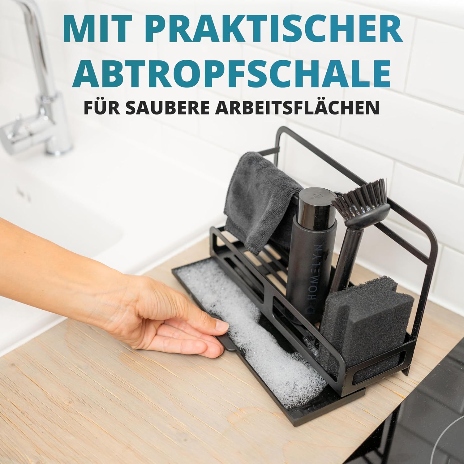 Spuelbecken Organizer Set Edelstahl mit Buerste und Schwammablage, schwarz