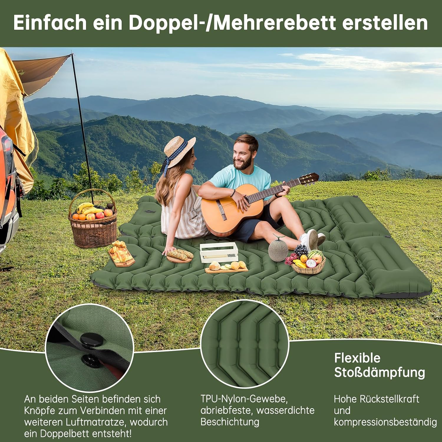 HAUSPROFI Isomatte ultraleicht aufblasbar mit Fusspumpe und Kissen, gruen