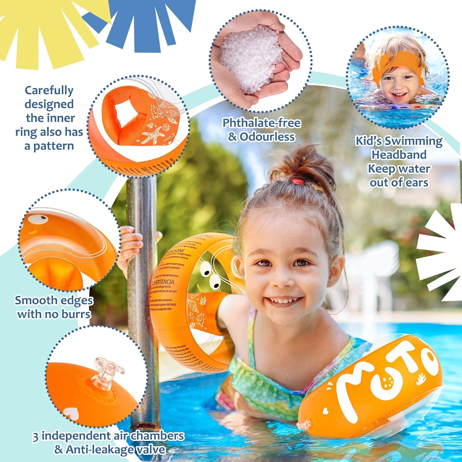 Schwimmfluegel Kinder 1-6 Jahre mit Stirnband, 3 Luftkammern, transparent