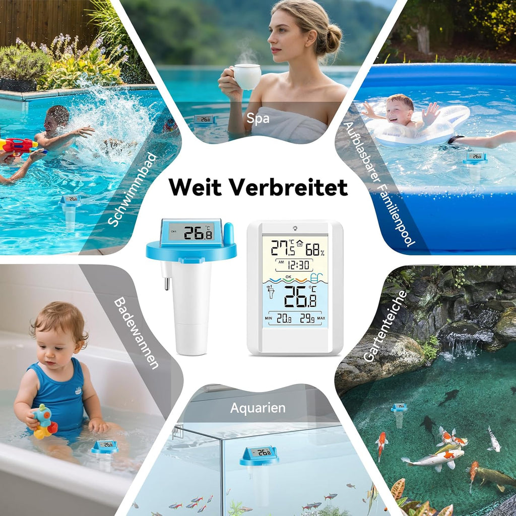 Warmfay Funk Poolthermometer schwimmend, solar/akku, wasserdicht IP68, Empfaenger
