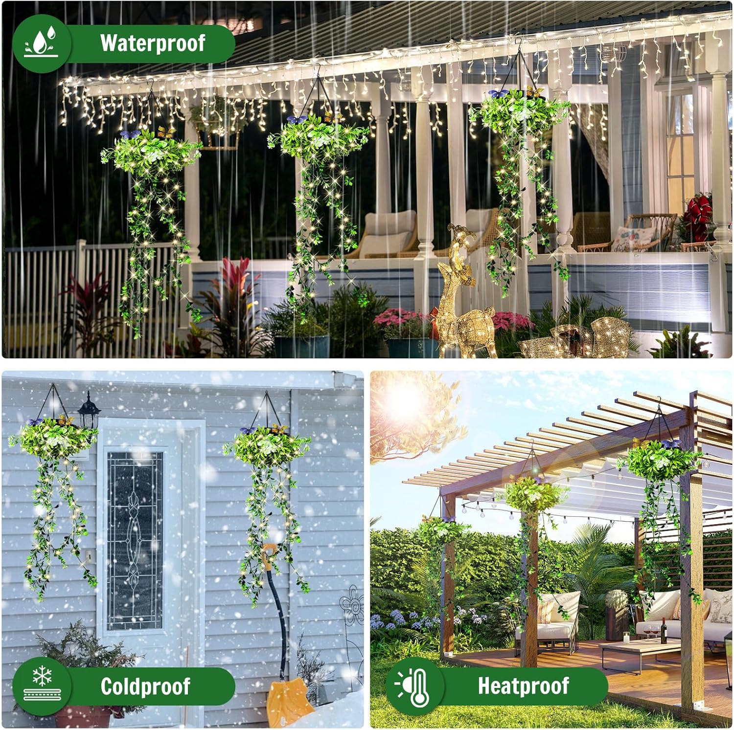 Kuenstliche Haengepflanze 2er Set mit Solar-Lichterkette IP65 wasserdicht
