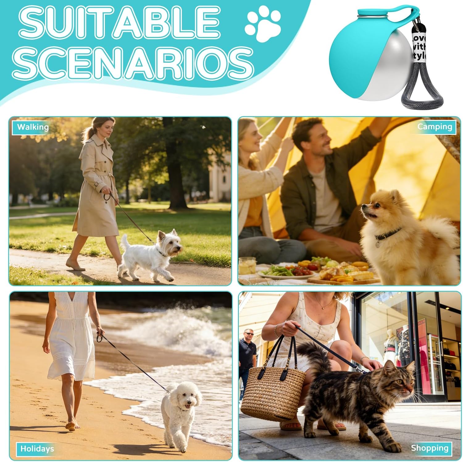 Tragbare Hundetrinkflasche Edelstahl mit faltbarem Silikonnapf Blau