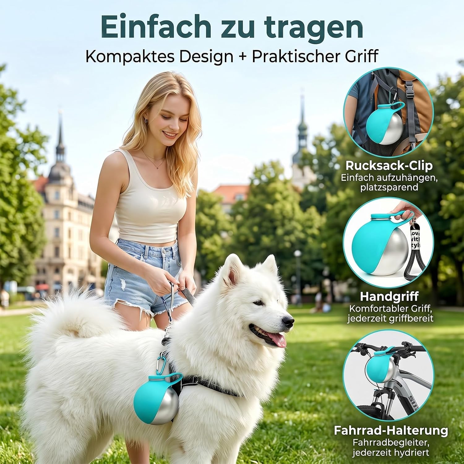 Hunde Trinkflasche 285ml aus Edelstahl mit faltbarem Silikonnapf blau