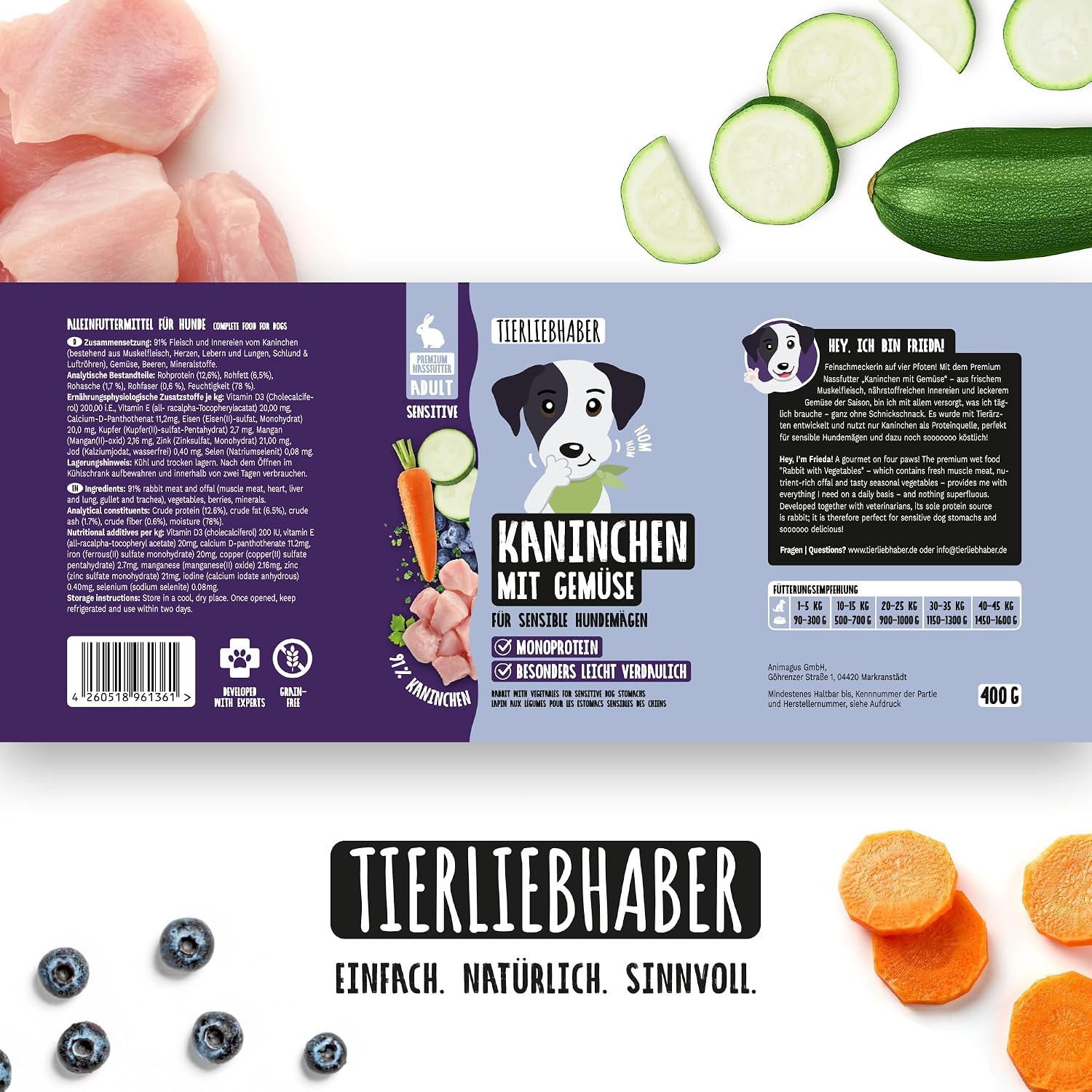 TIERLIEBHABER Hundefutter Nass Kaninchen mit Gemuese Dose