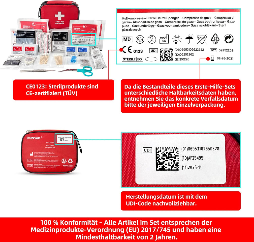 HONYAO Erste Hilfe Set 90-teilig Reiseapotheke Notfalltasche fuer Auto Camping