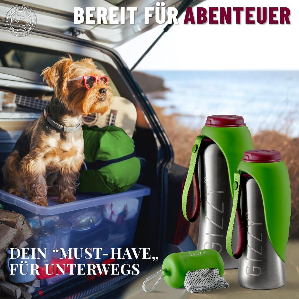 GIZZY Trinkflasche fuer Hunde Edelstahl auslaufsicher mit Handtuch