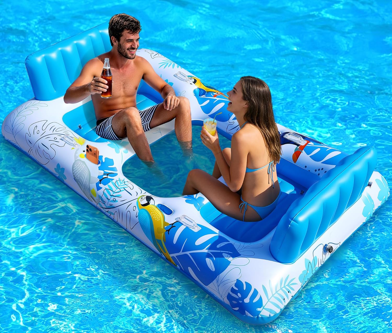 Luxfero Aufblasbare Poolmatratze 220x110 cm fuer 2 Personen mit Getraenke- und Han