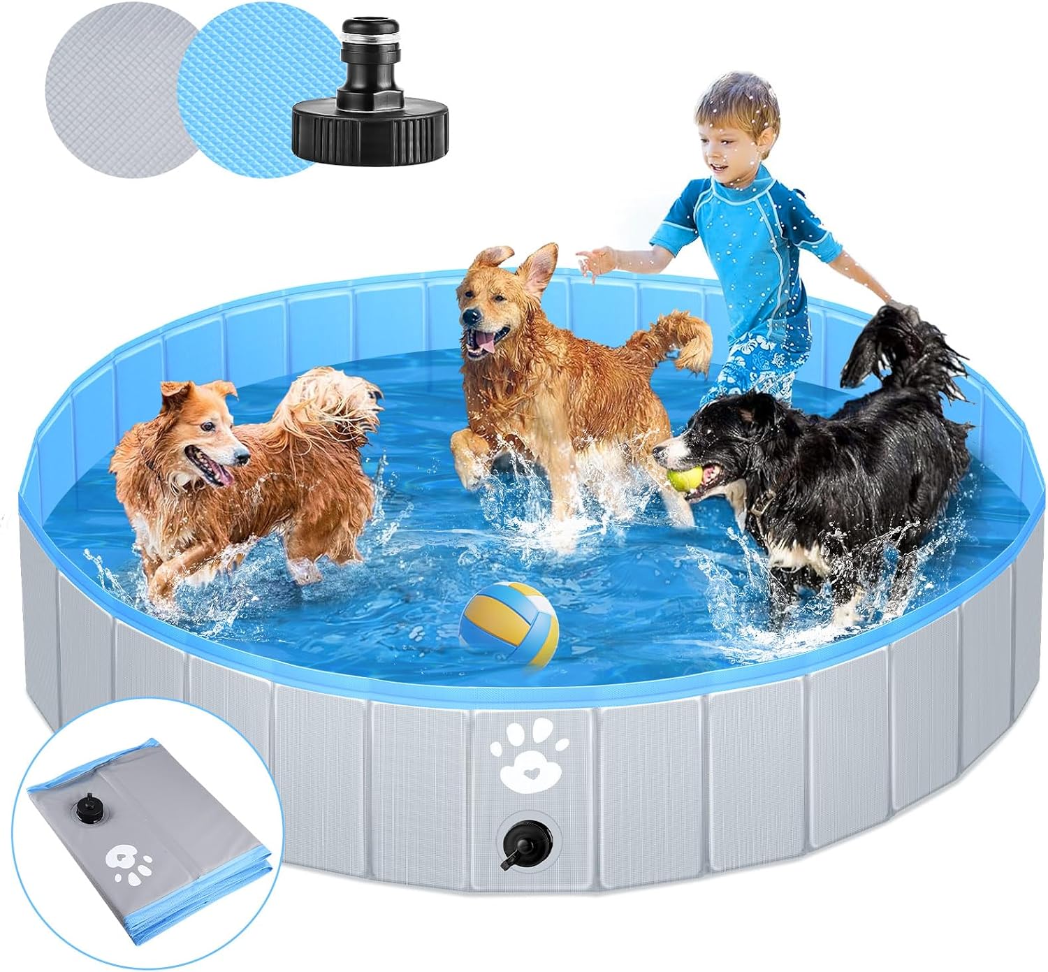 Hundepool faltbar 140 cm Grau, verstaerkte 5 mm, tragbar, 120cm-180cm