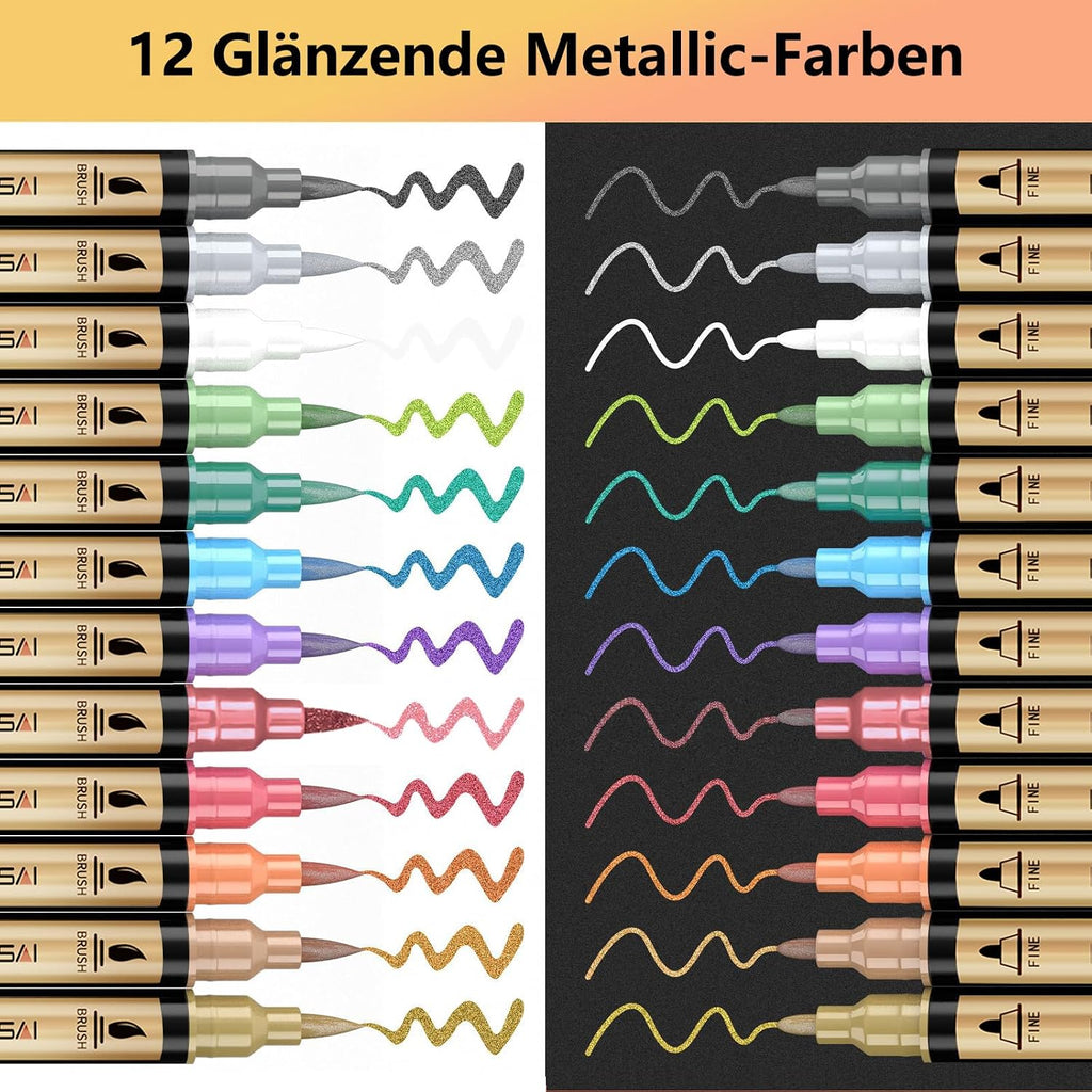 IVSUN Metallic Marker 12er Set Dual Tip Acrylstifte wasserfest