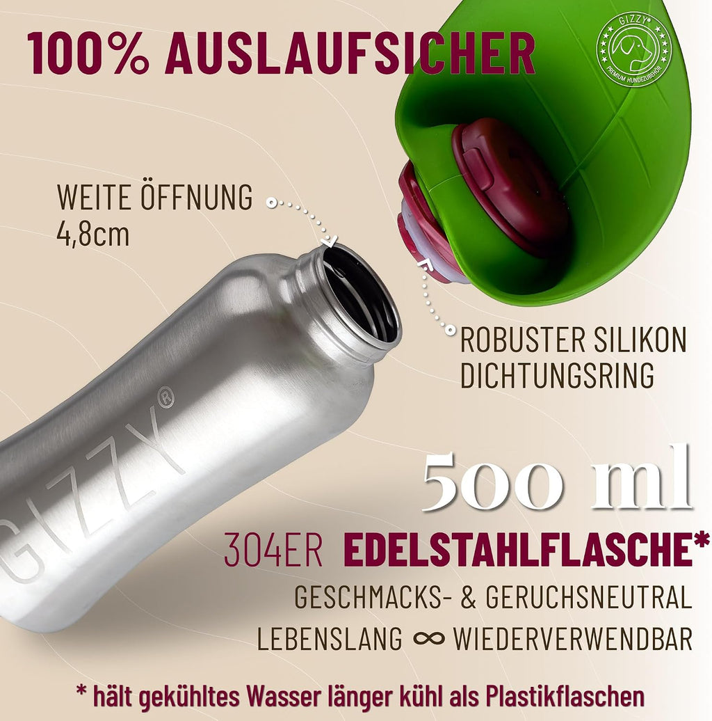 GIZZY Trinkflasche fuer Hunde Edelstahl auslaufsicher mit Handtuch